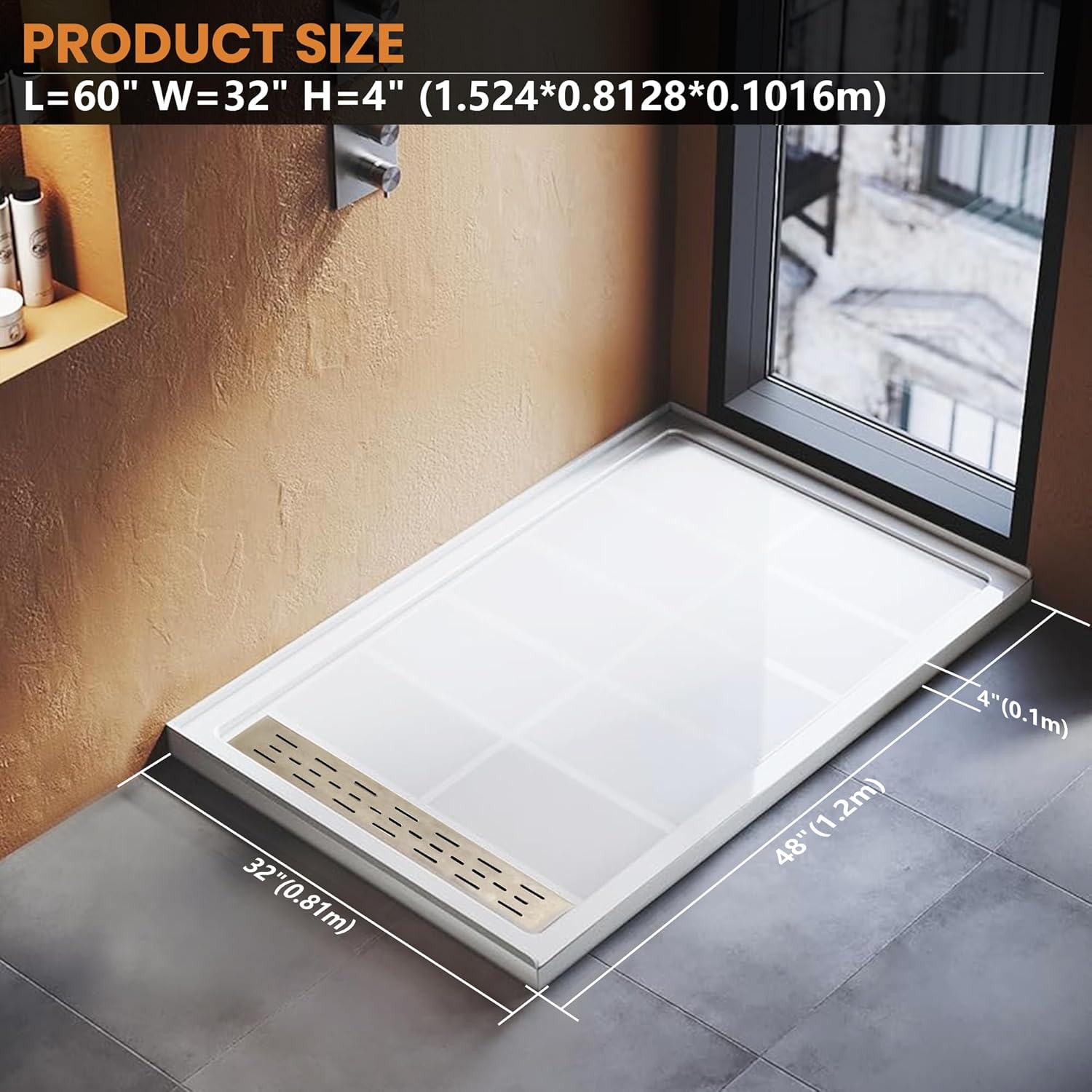 Single Threshold, Left / Right Drain Shower Pan Base #Size_60"L × 32"W × 4"H