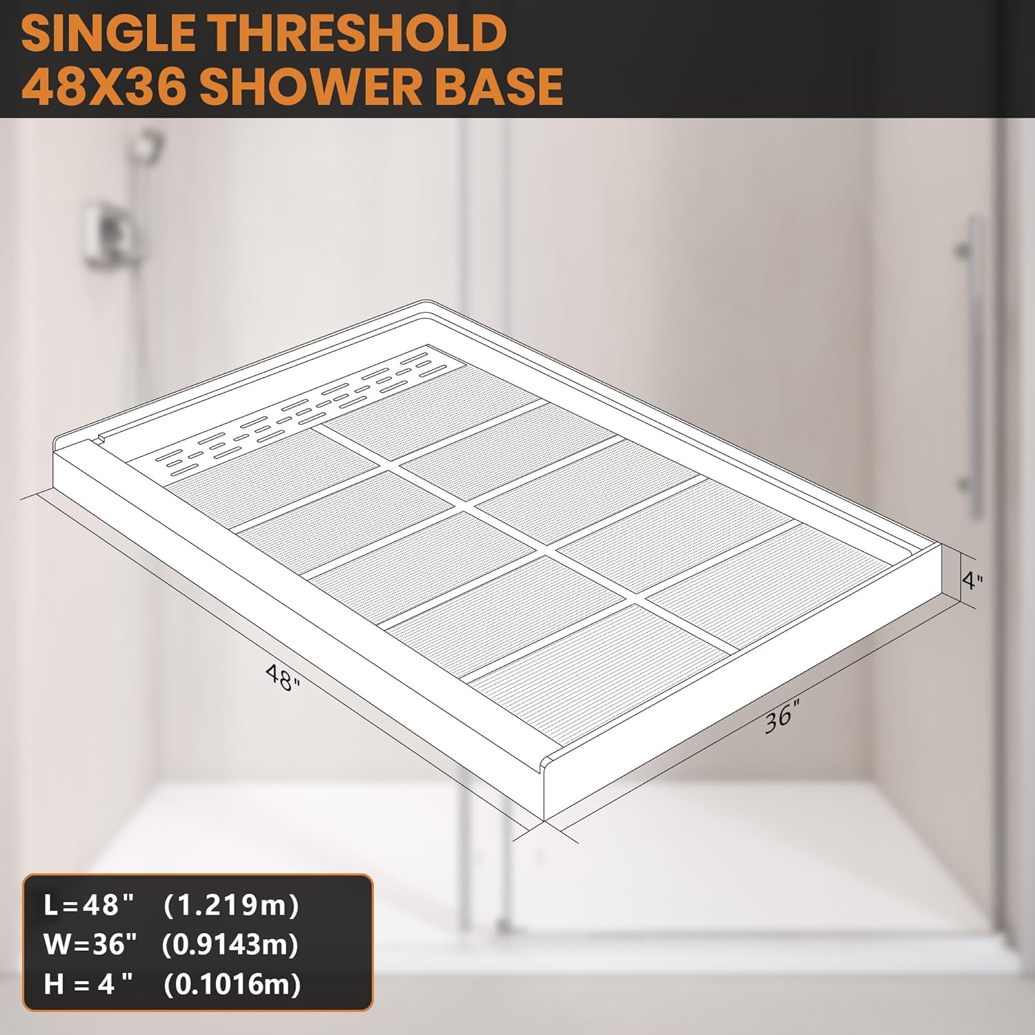 Single Threshold, Left / Right Drain Shower Pan Base #Size_48"L × 36"W × 4"H