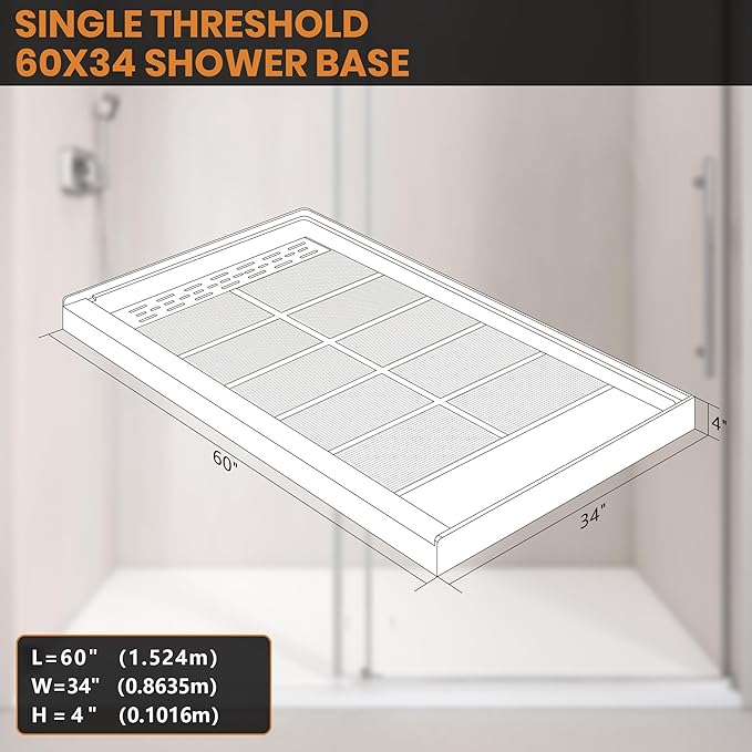 Single Threshold, Left / Right Drain Shower Pan Base #Size_60"L × 34"W × 4"H