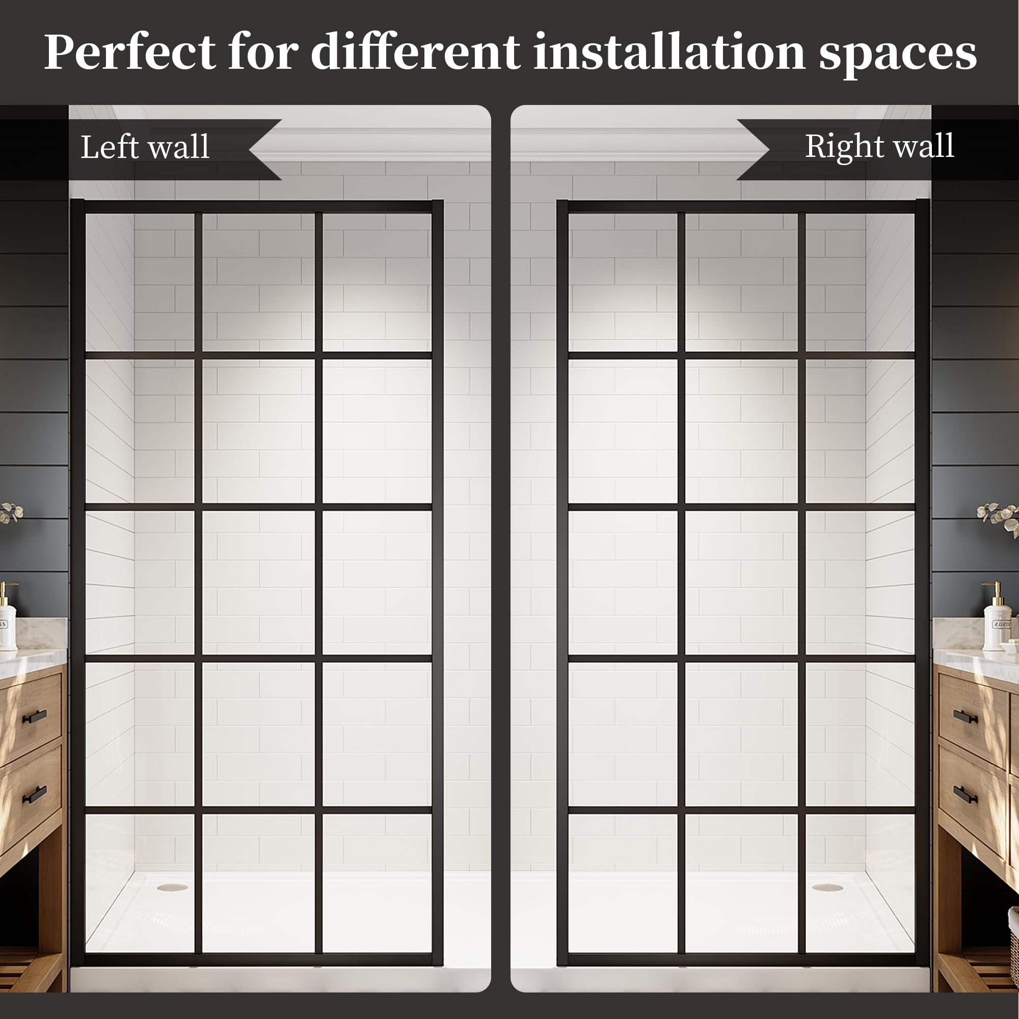 34"/38"/42"/46" x 78" Framed Grid Shower Screen, Matte Black #Size_38" W x 78" H