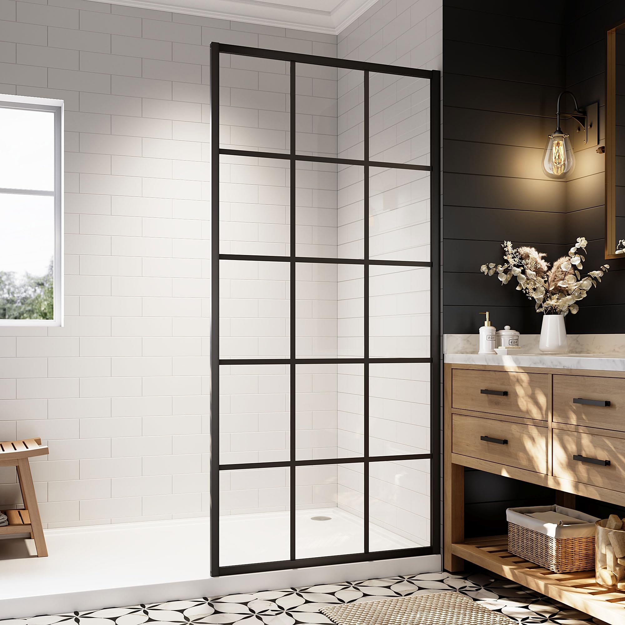 34"/38"/42"/46" x 78" Framed Grid Shower Screen, Matte Black #Size_38" W x 78" H