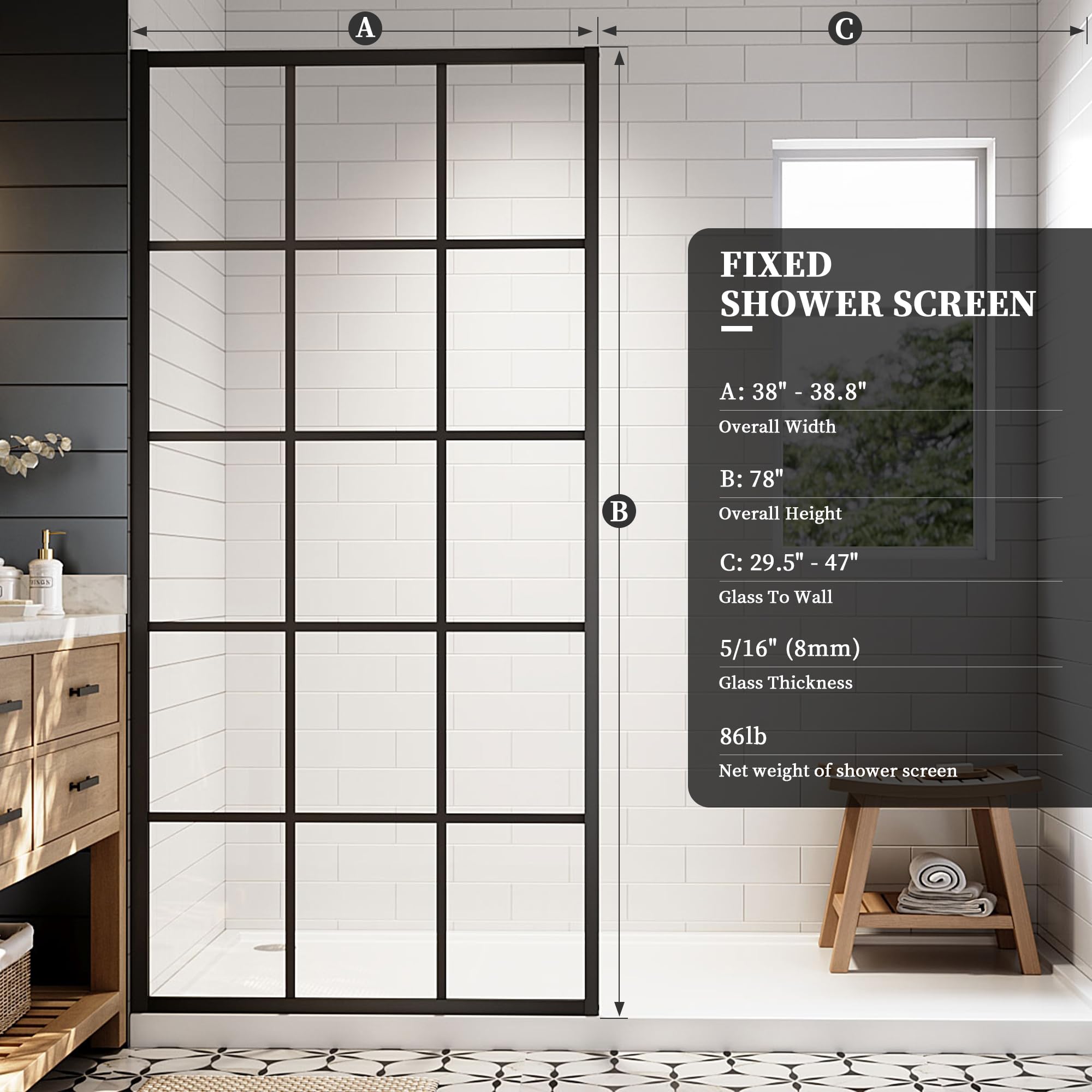 34"/38"/42"/46" x 78" Framed Grid Shower Screen, Matte Black #Size_38" W x 78" H