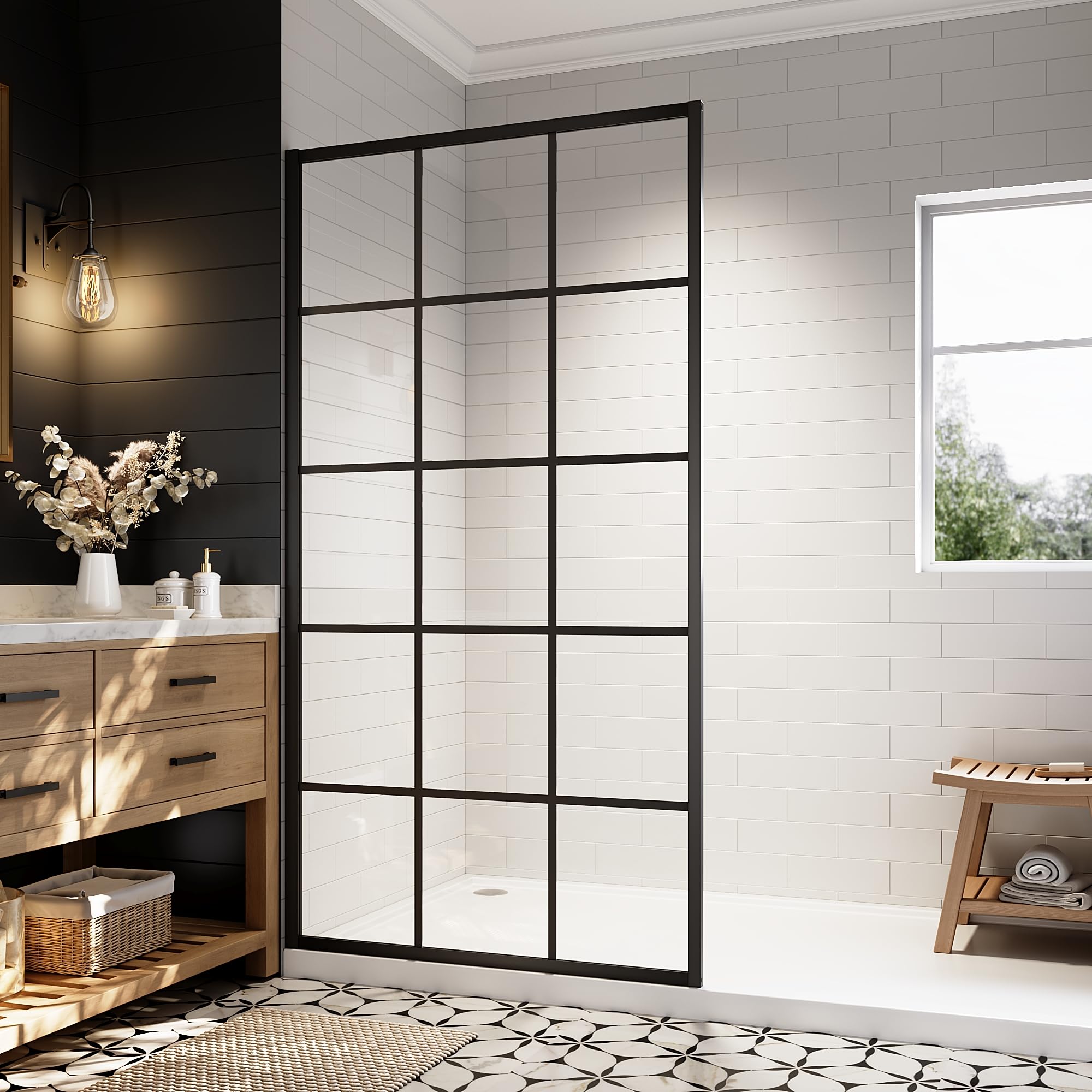 34"/38"/42"/46" x 78" Framed Grid Shower Screen, Matte Black #Size_42" W x 78" H