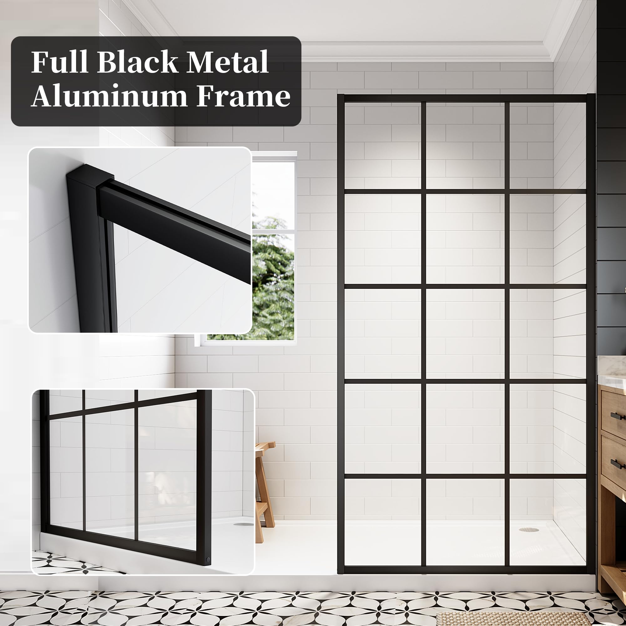 34"/38"/42"/46" x 78" Framed Grid Shower Screen, Matte Black #Size_42" W x 78" H