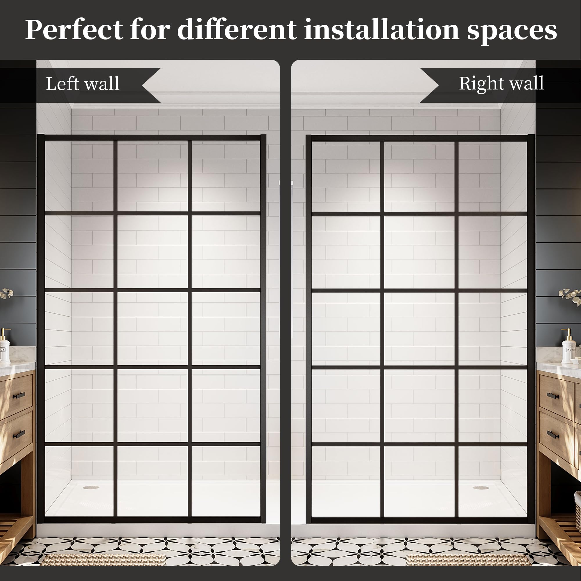 34"/38"/42"/46" x 78" Framed Grid Shower Screen, Matte Black #Size_46" W x 78" H