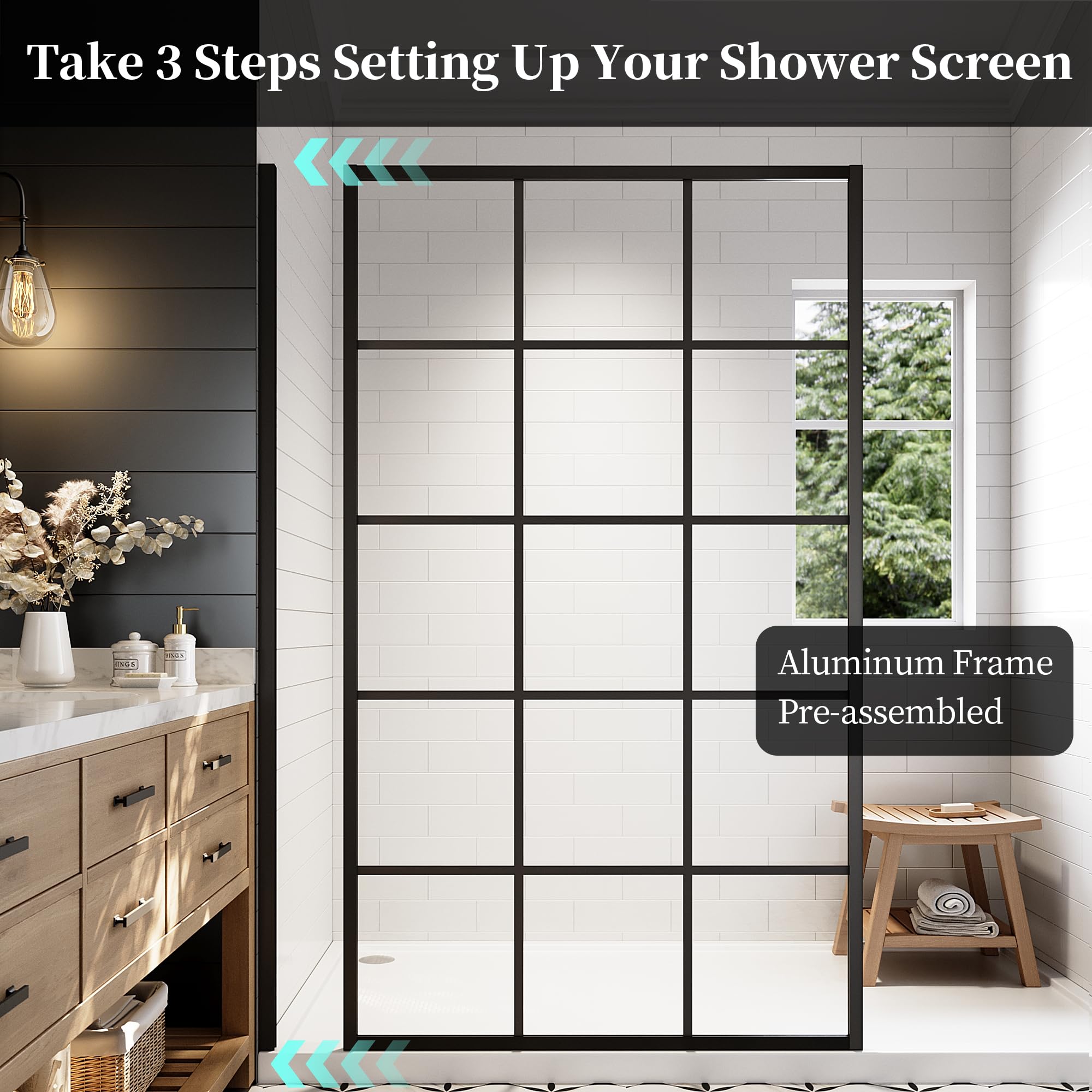 34"/38"/42"/46" x 78" Framed Grid Shower Screen, Matte Black #Size_46" W x 78" H