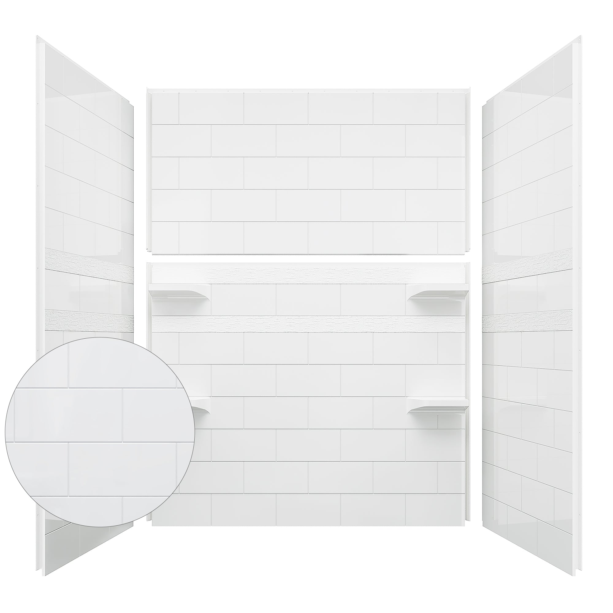 32" / 36" D × 60" W × 78" H Solid Surface Shower Wall Panels Kit, Glossy White Subway Tile, with Shelf