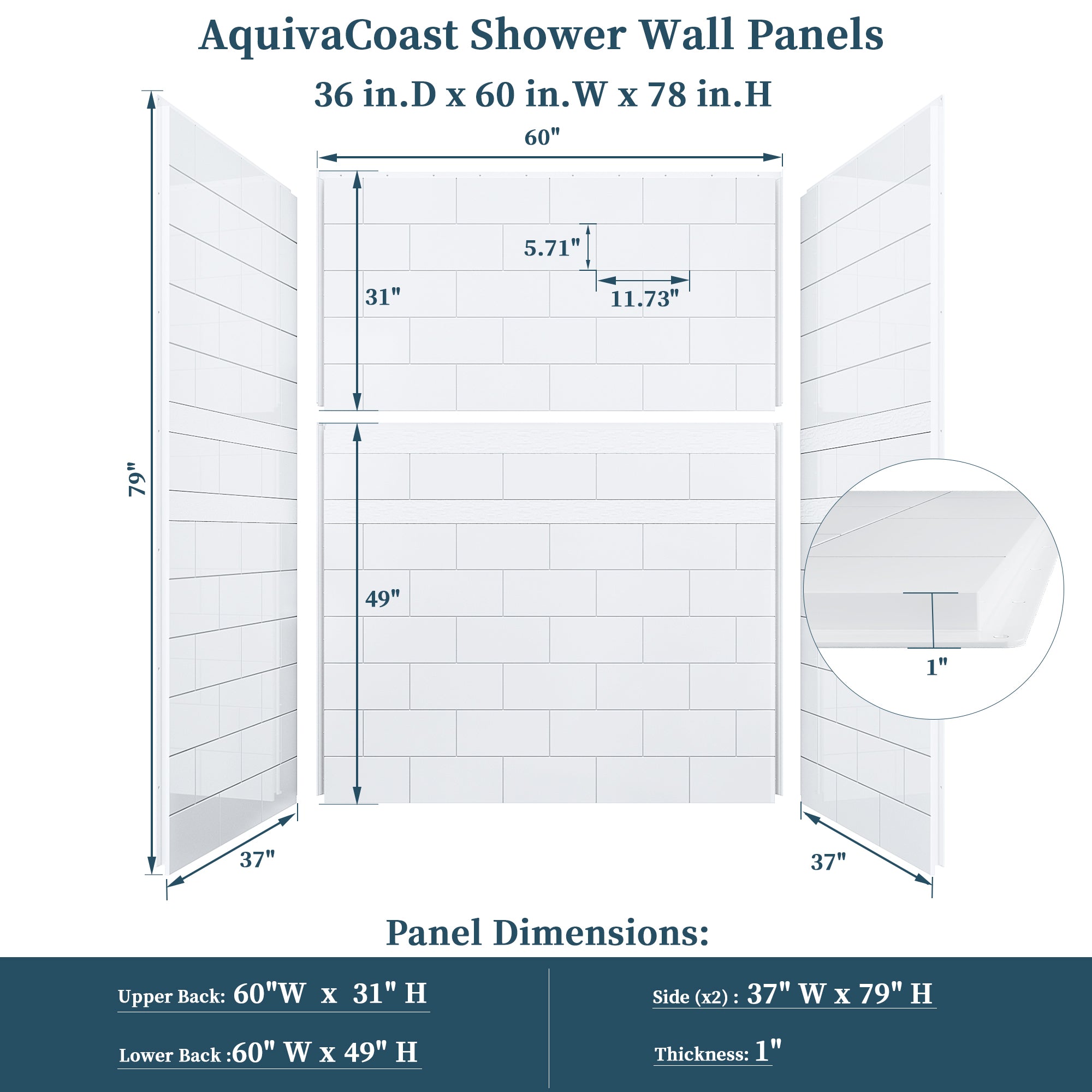 32"/36" D x 60" W x 78" H Shower Wall Panels Kit, Solid Surface 4-Panel Shower Surround, Glossy White Subway Tile Design #Size_36" × 60" × 78"