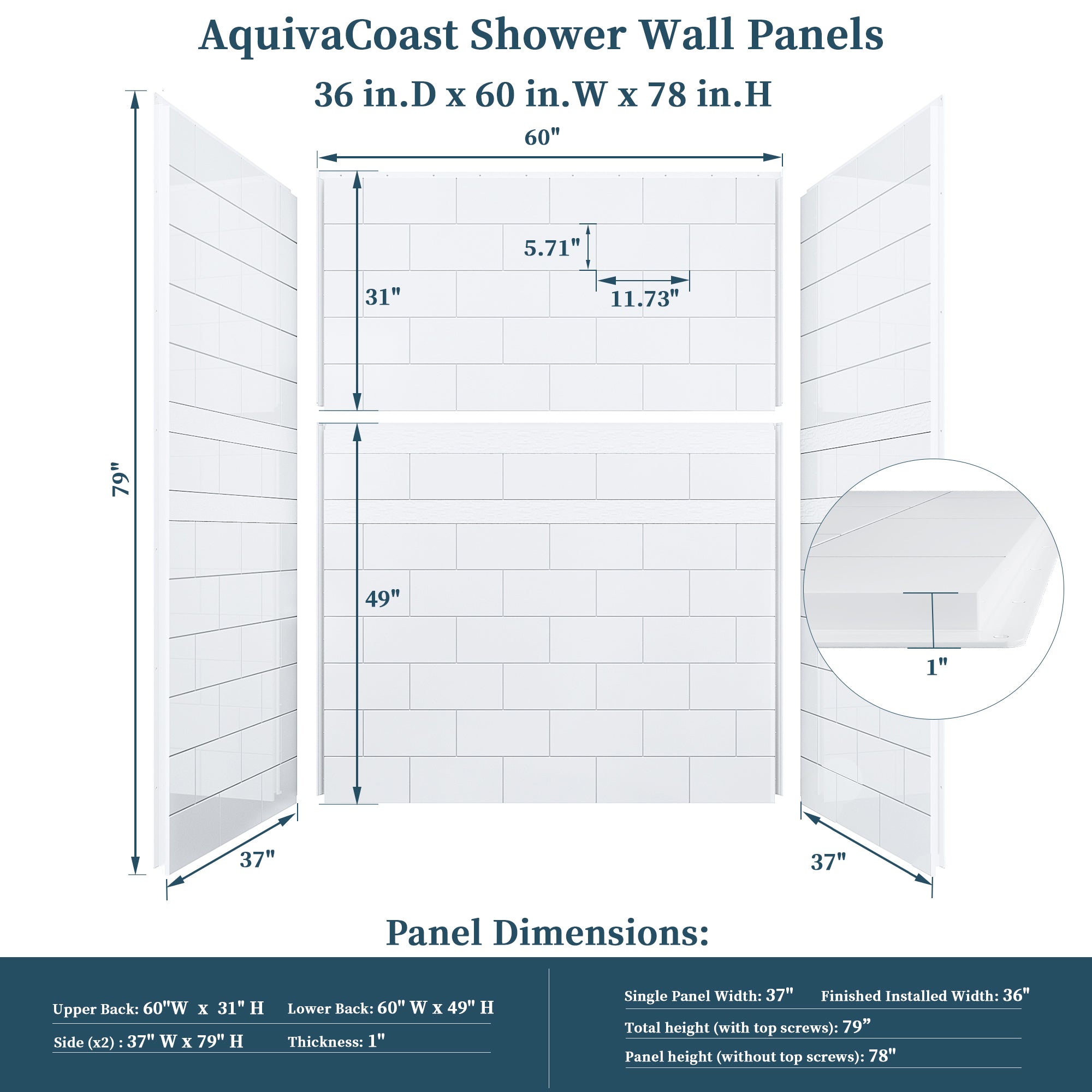 32"/36" D x 60" W x 78" H Shower Wall Panels Kit, Solid Surface 4-Panel Shower Surround, Glossy White Subway Tile Design #Size_36" × 60" × 78"