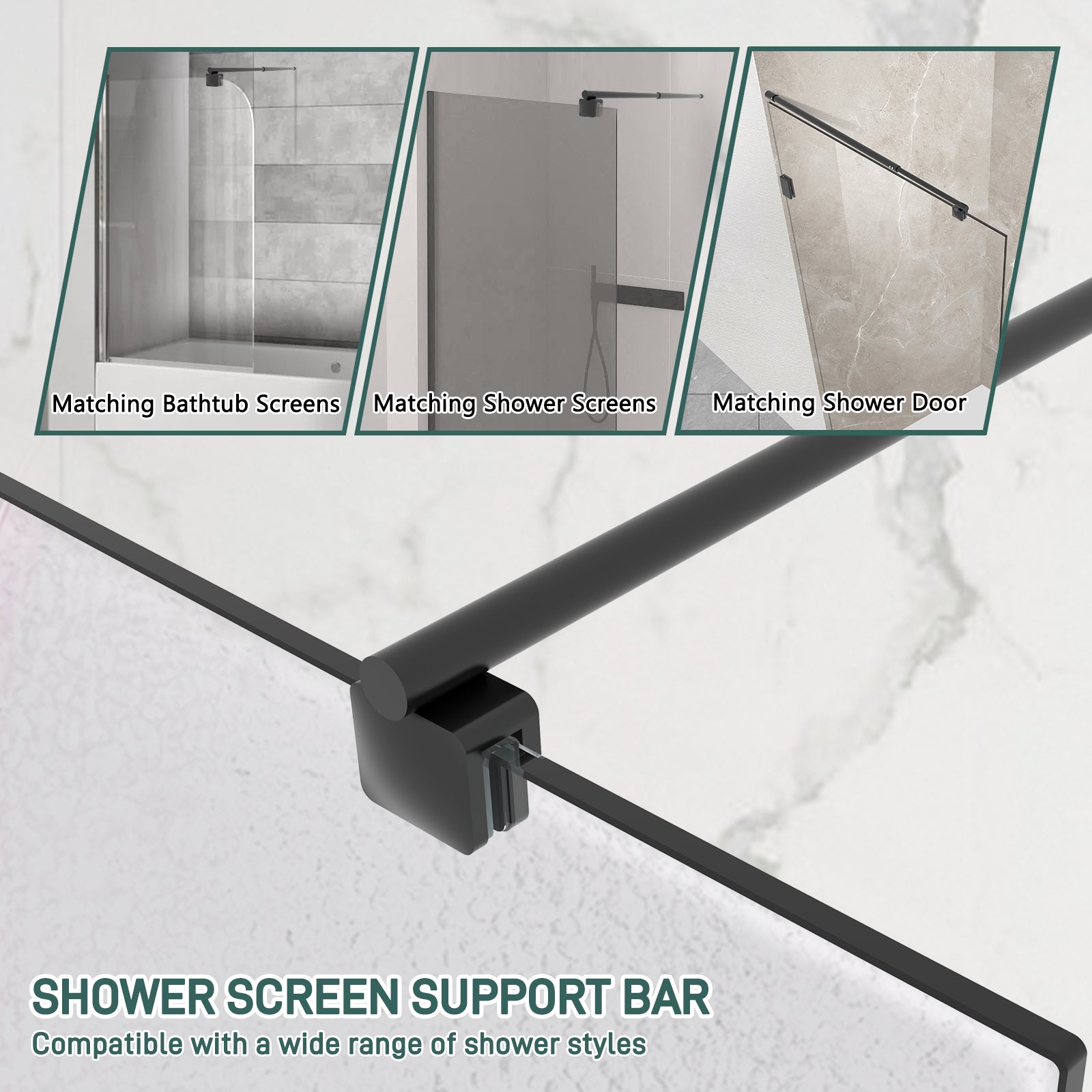 Round Wall - to - Glass Support Bar with Square Contoured Clamp LG - 02 - Wall - to - Glass Support Bar - AquivaCoast Showers - Wall - to - Glass Support Bar - #Color_Matte Black