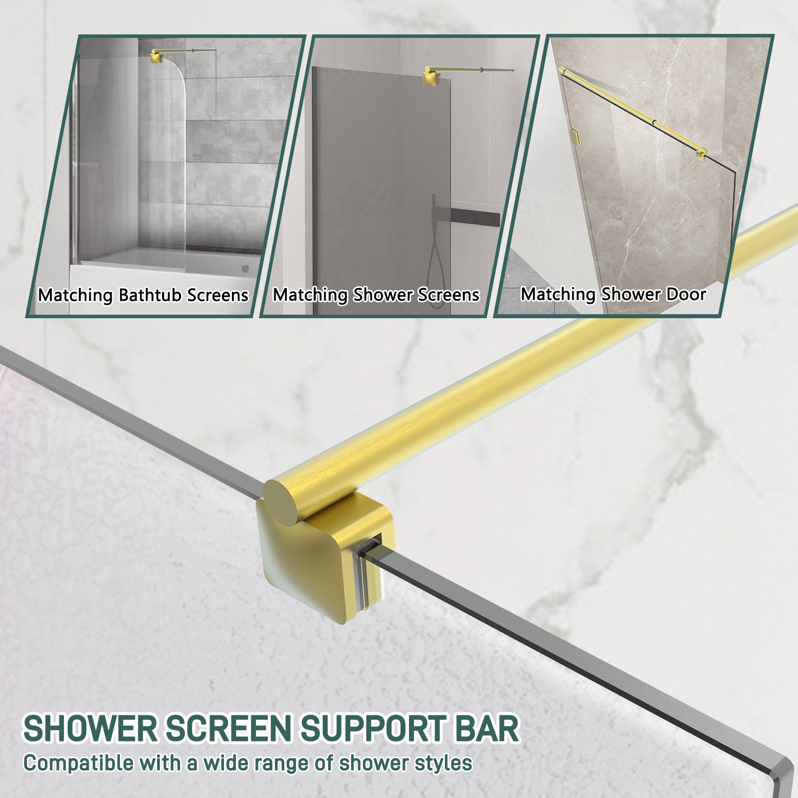 Round Wall - to - Glass Support Bar with Square Contoured Clamp LG - 02 - Wall - to - Glass Support Bar - AquivaCoast Showers - Wall - to - Glass Support Bar - #Color_Brushed Gold