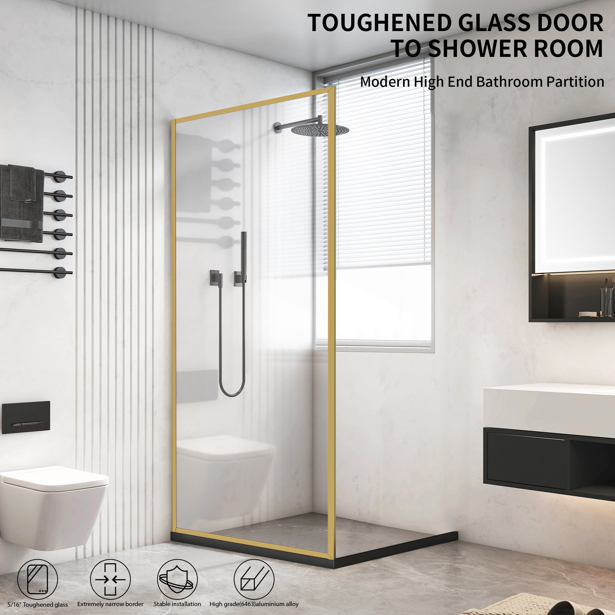 34" x 74" Framed Shower Screen Brushed Gold #Corner Style_V Groove