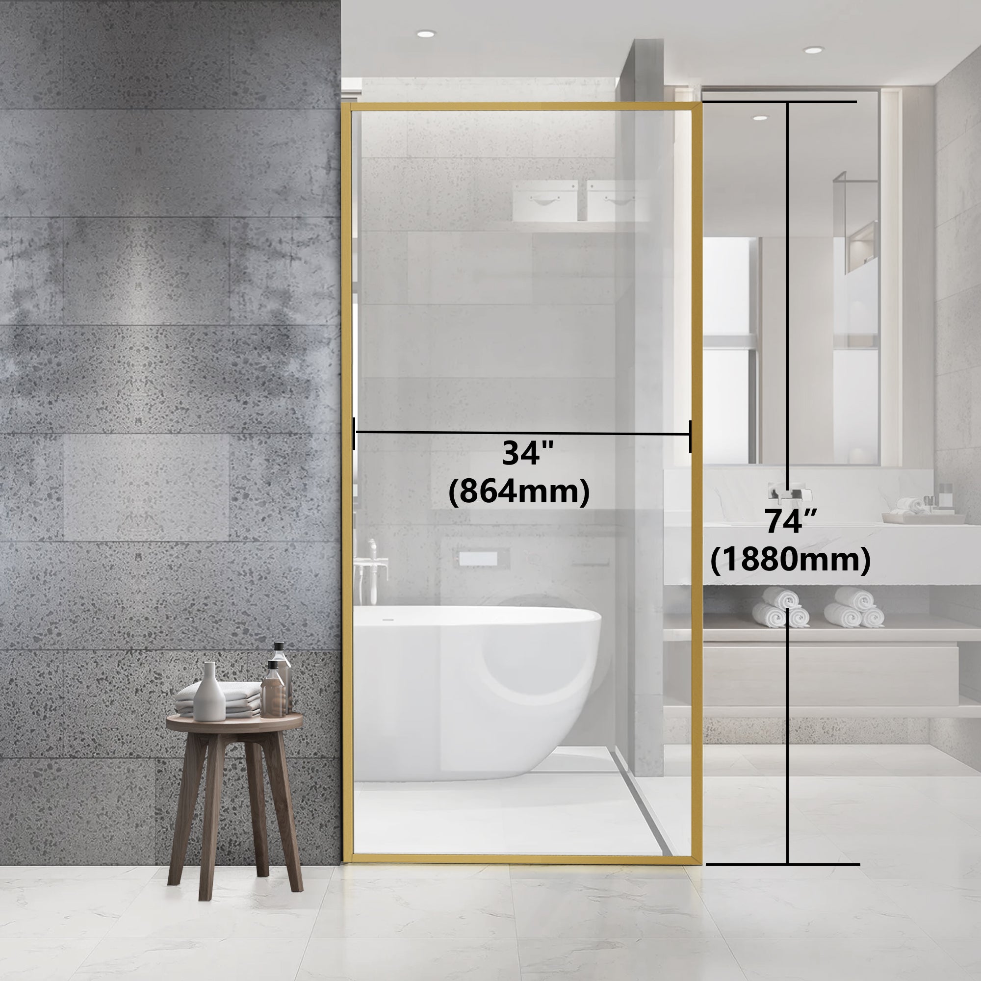 34" x 74" Framed Shower Screen Brushed Gold #Corner Style_V Groove
