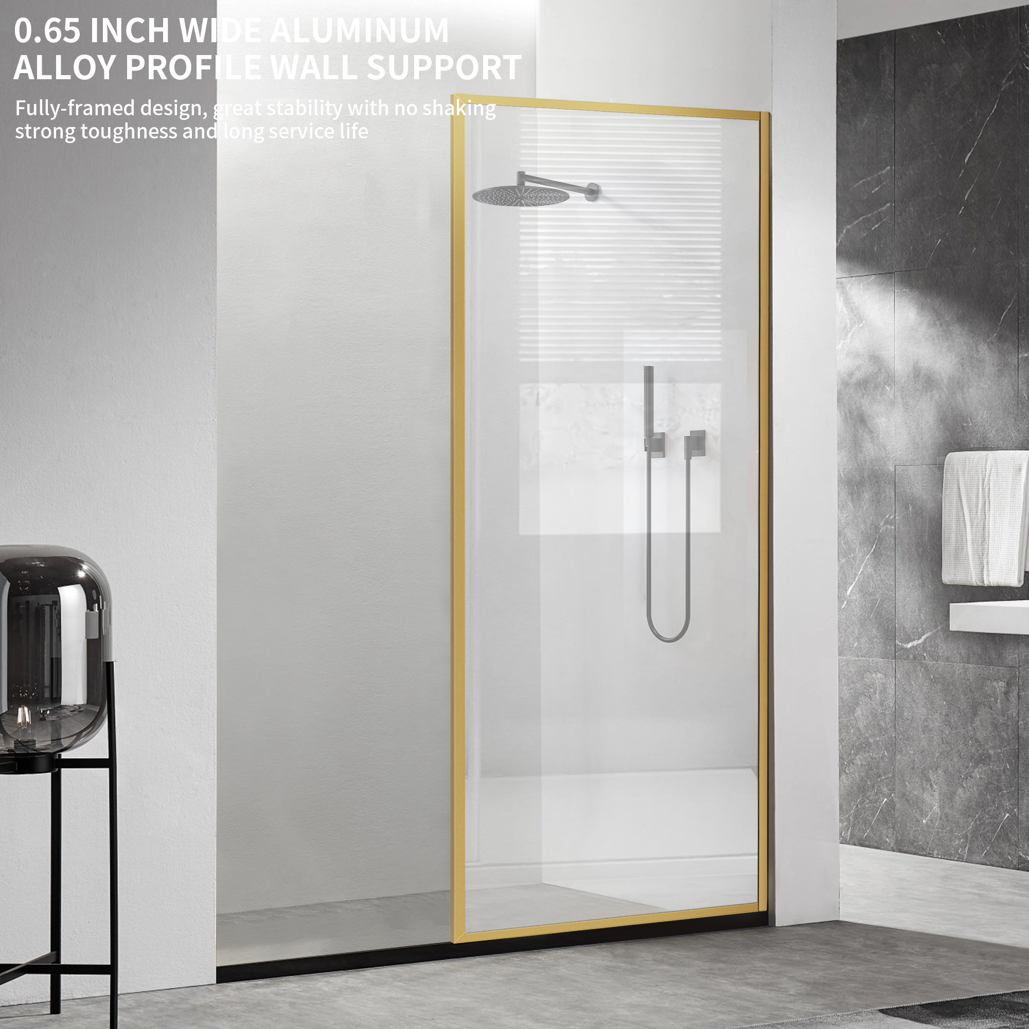 34" x 74" Framed Shower Screen Brushed Gold #Corner Style_V Groove