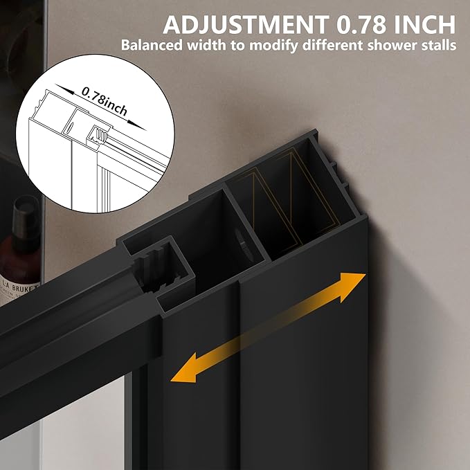 Durable AquivaCoast 5/16" tempered glass shower screen: clear or clear black options, available in 34" to 48" widths and 74" height. #Glass Finish_Clear
