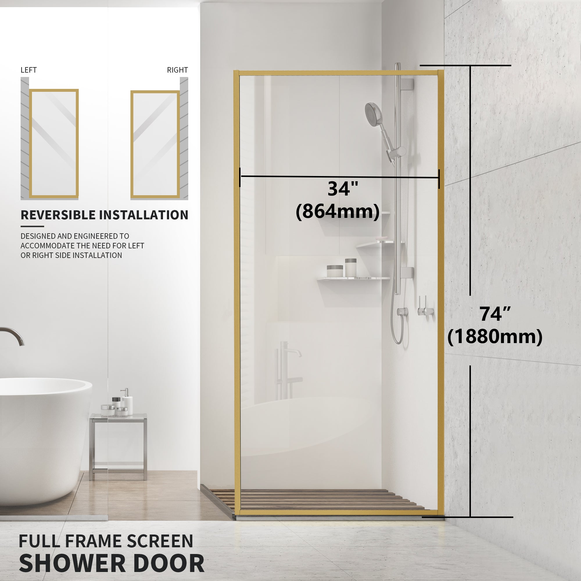 34" x 74" Framed Shower Screen Brushed Gold #Corner Style_Fillet