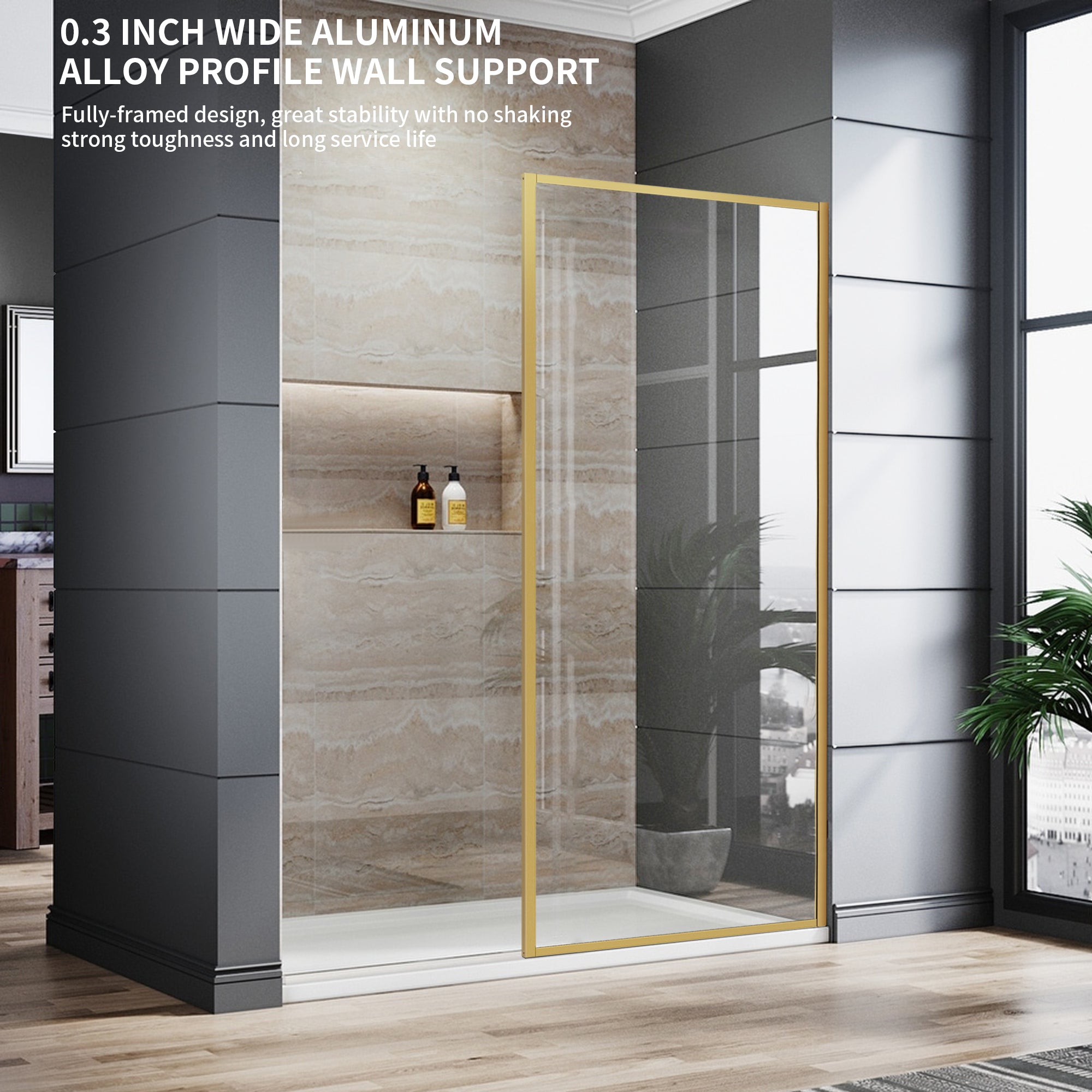 34" x 74" Framed Shower Screen Brushed Gold #Corner Style_Fillet