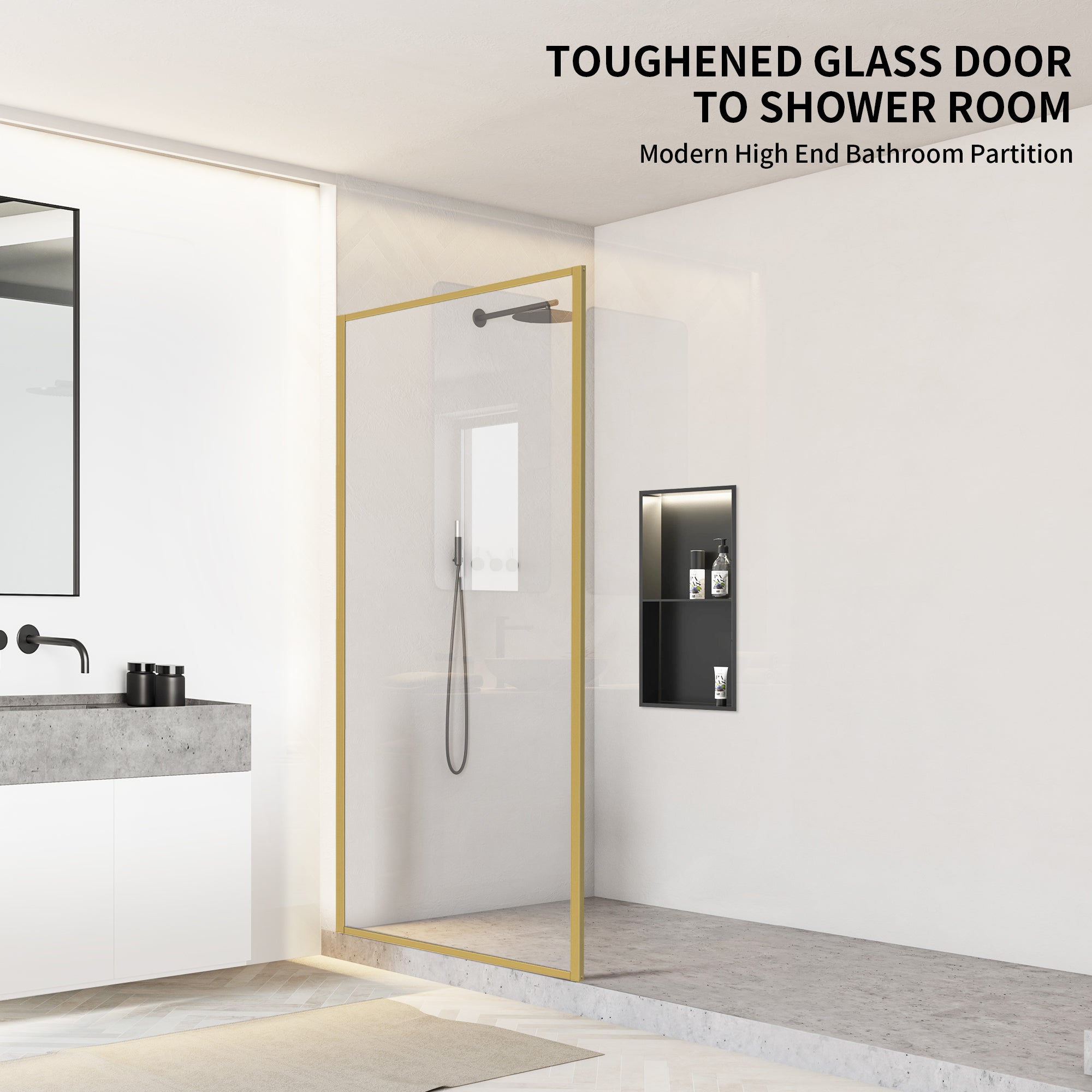34" x 74" Framed Shower Screen Brushed Gold #Corner Style_Fillet