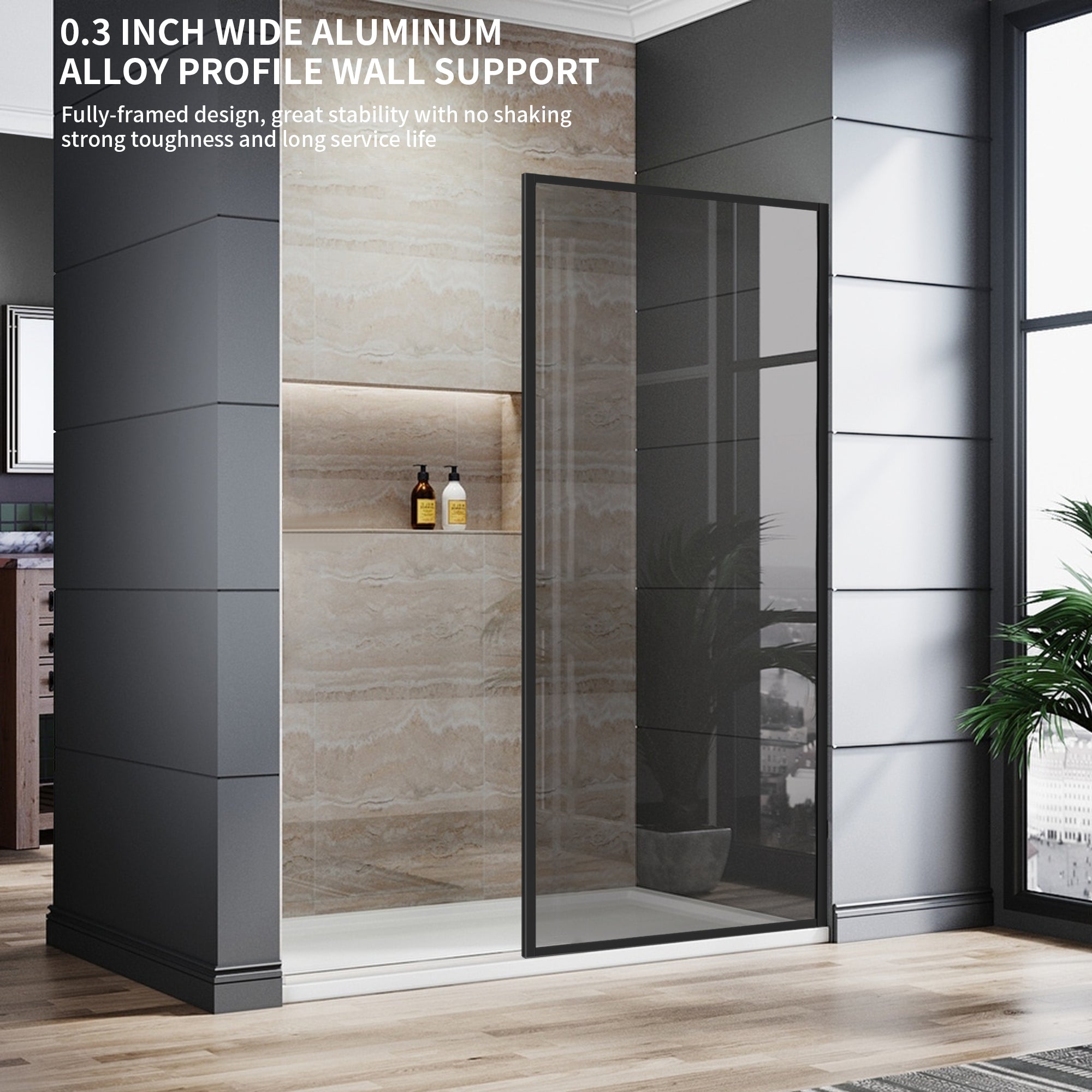 Durable AquivaCoast 5/16" tempered glass shower screen: features clear or clear black glass options, available in 34" to 48" widths and 74" height. #Glass Finish_Clear Black