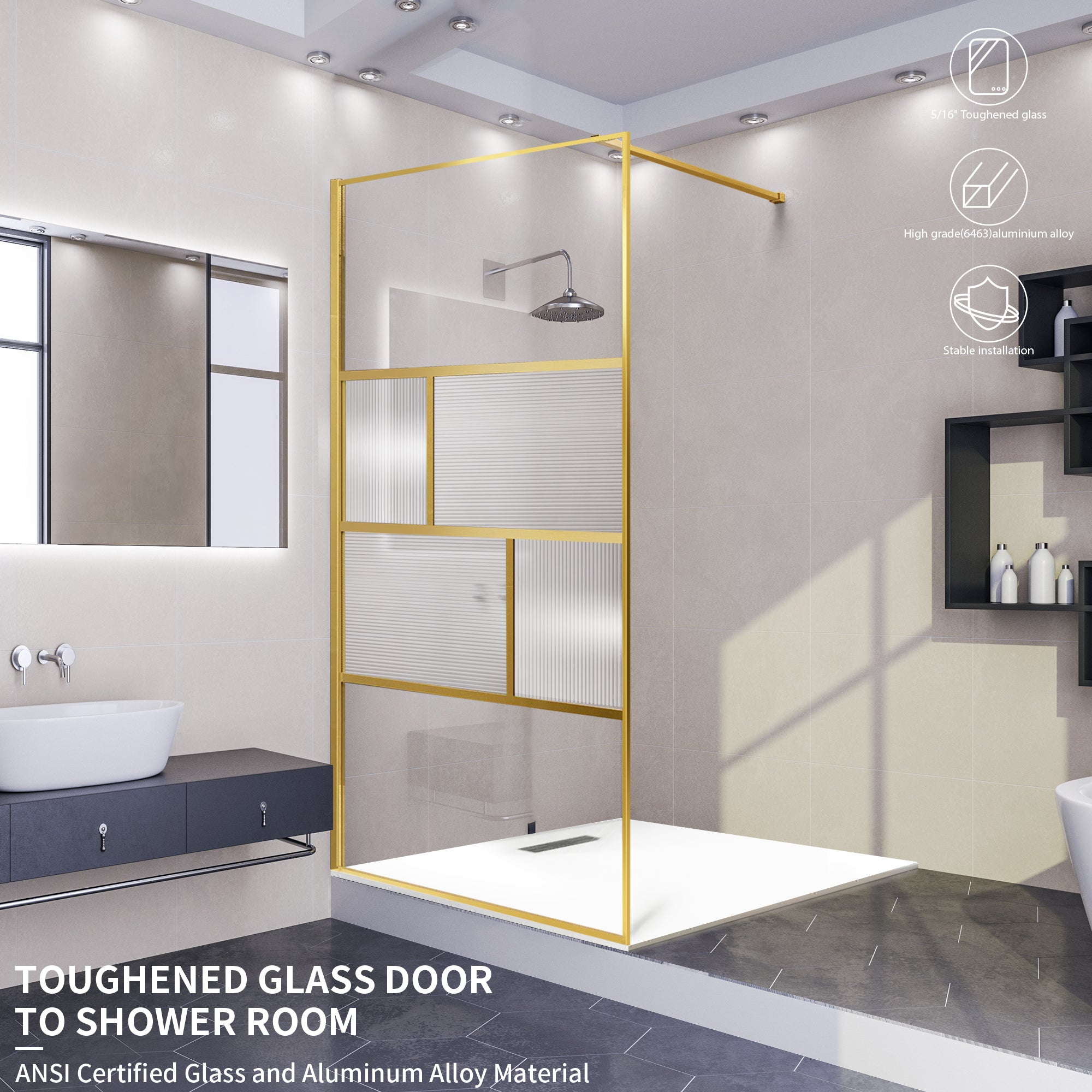 34" W x 74" H Walk-In Framed Fixed Shower Screen #Color_Brushed Gold