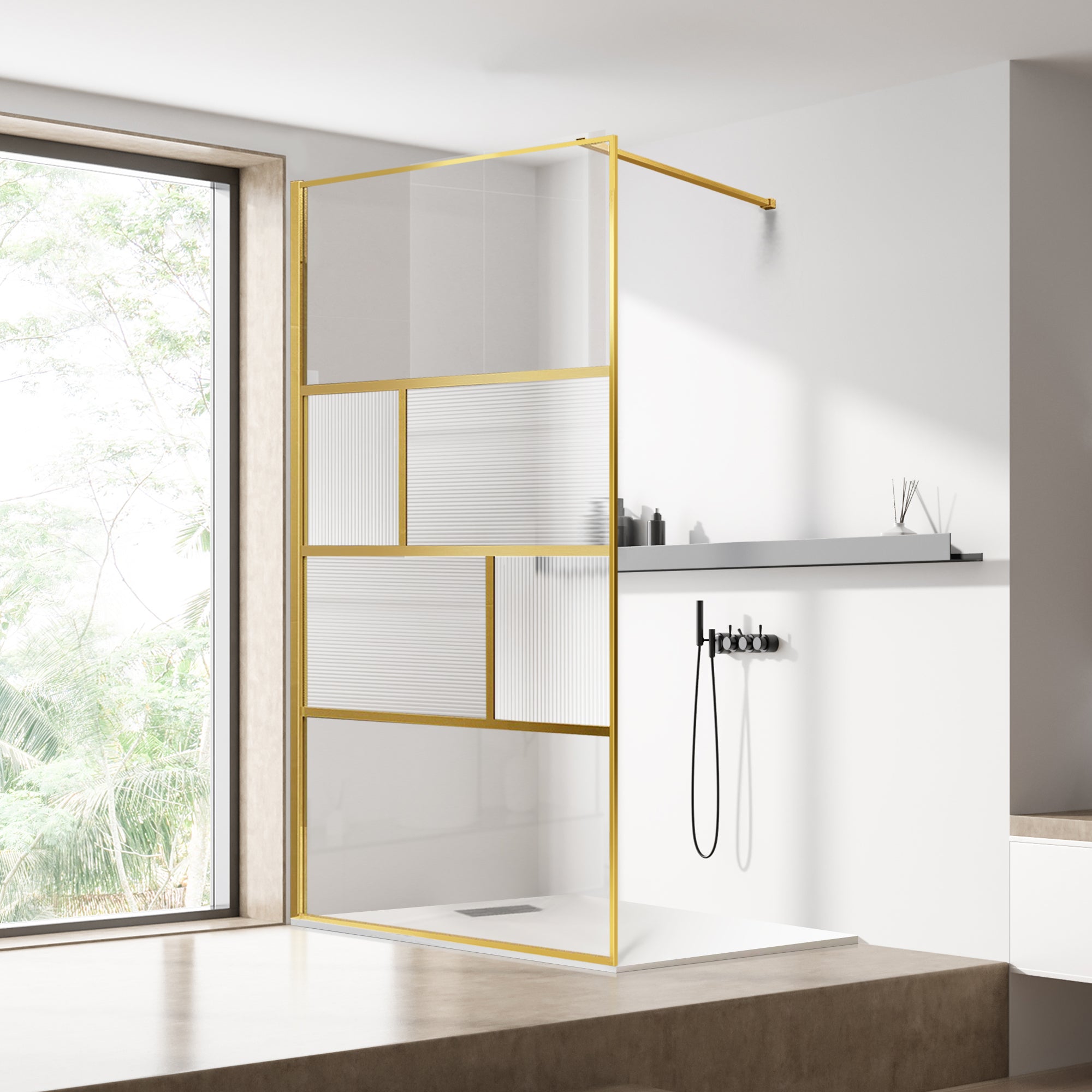 34" W x 74" H Walk-In Framed Fixed Shower Screen #Color_Brushed Gold