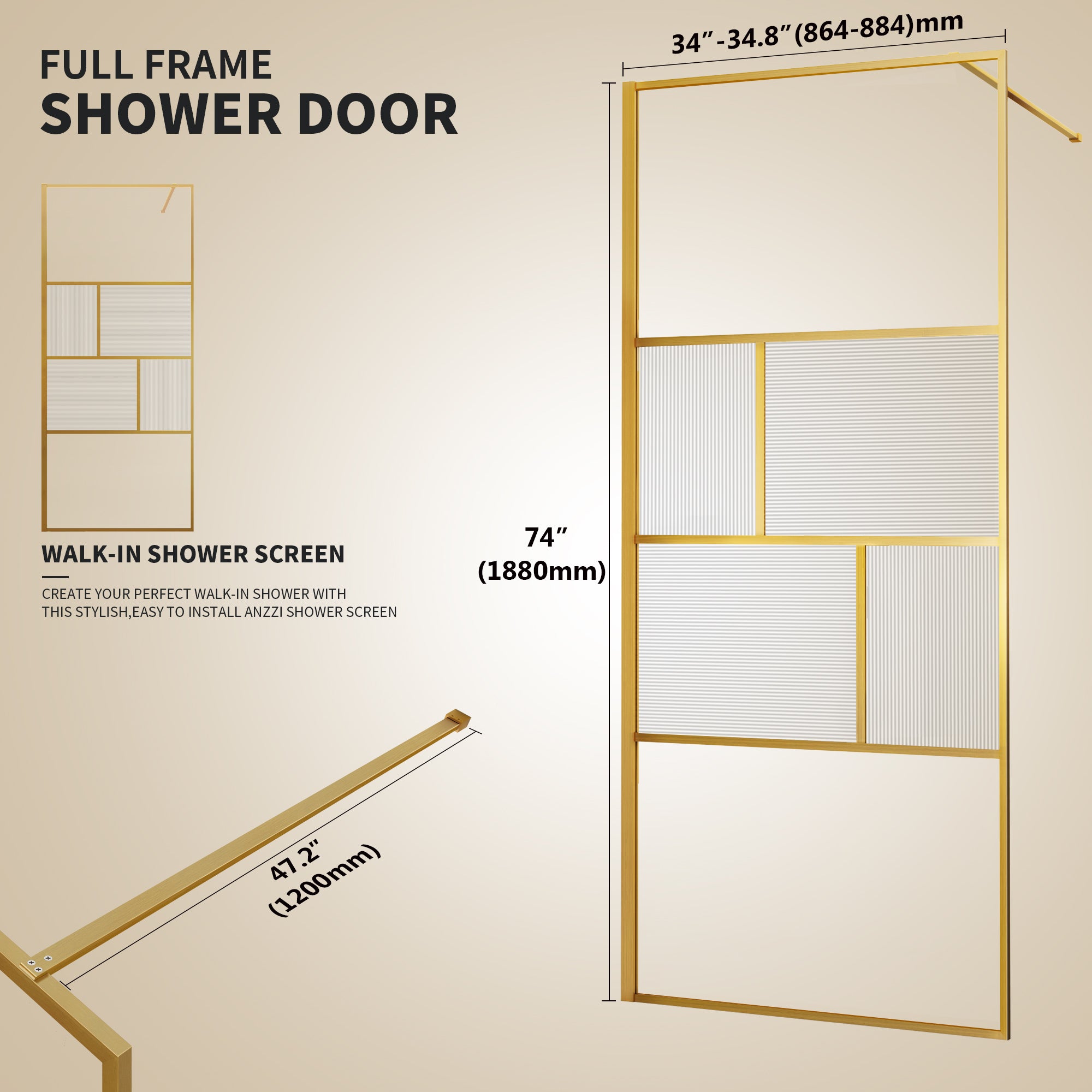 34" W x 74" H Walk-In Framed Fixed Shower Screen #Color_Brushed Gold