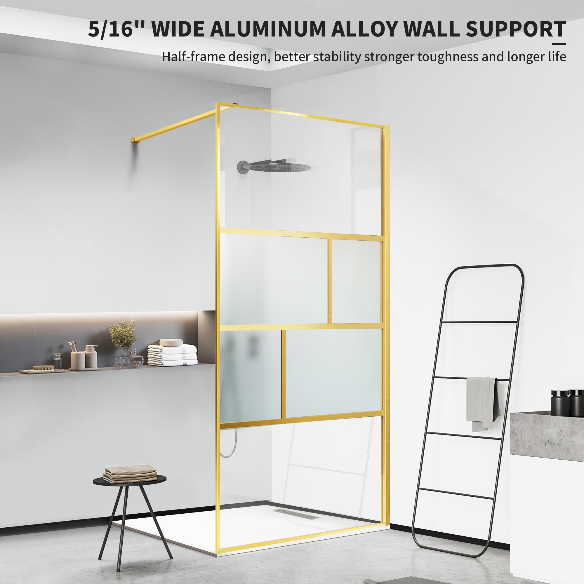 34" W x 74" H Walk-In Framed Fixed Shower Screen #Color_Brushed Gold