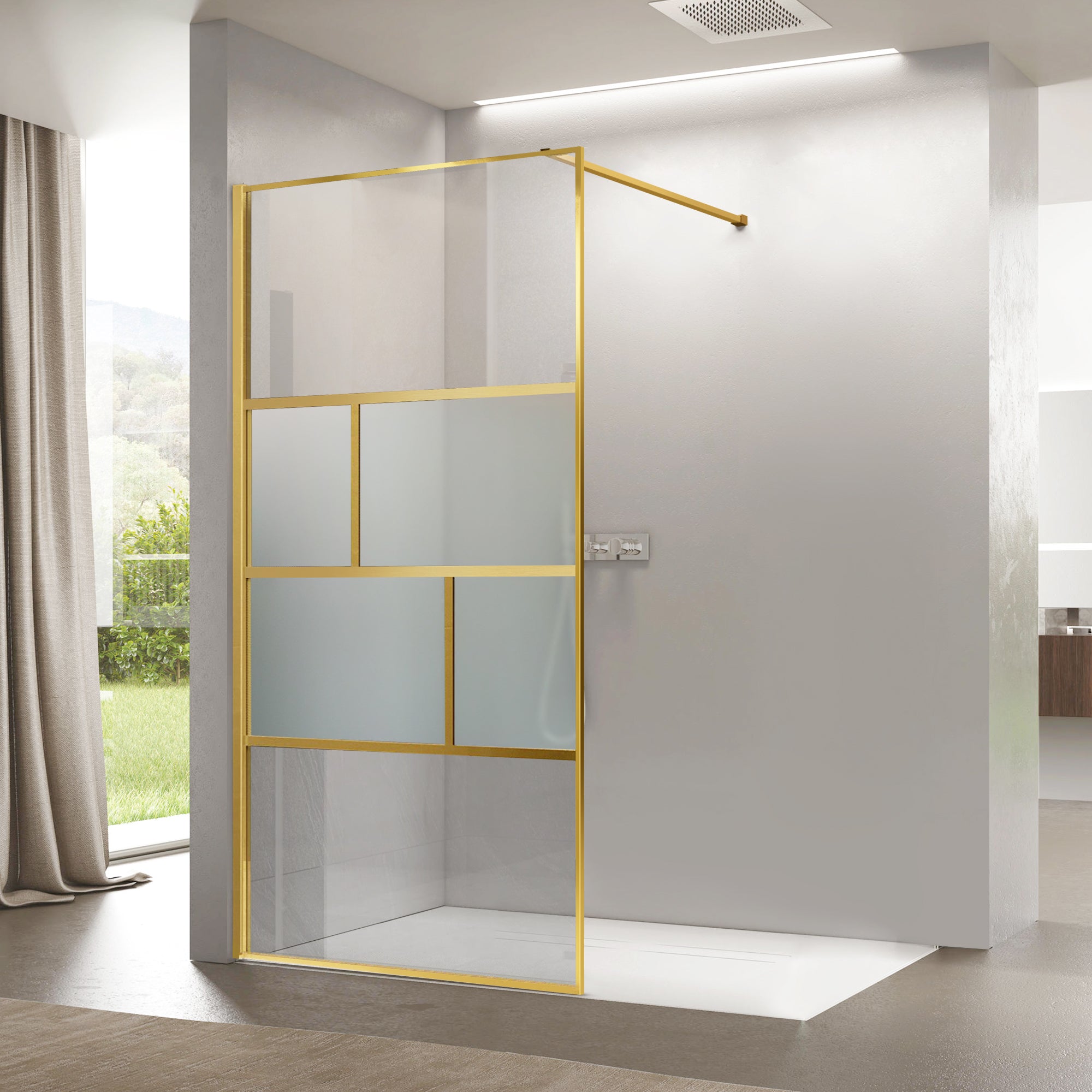 34" W x 74" H Walk-In Framed Fixed Shower Screen #Color_Brushed Gold