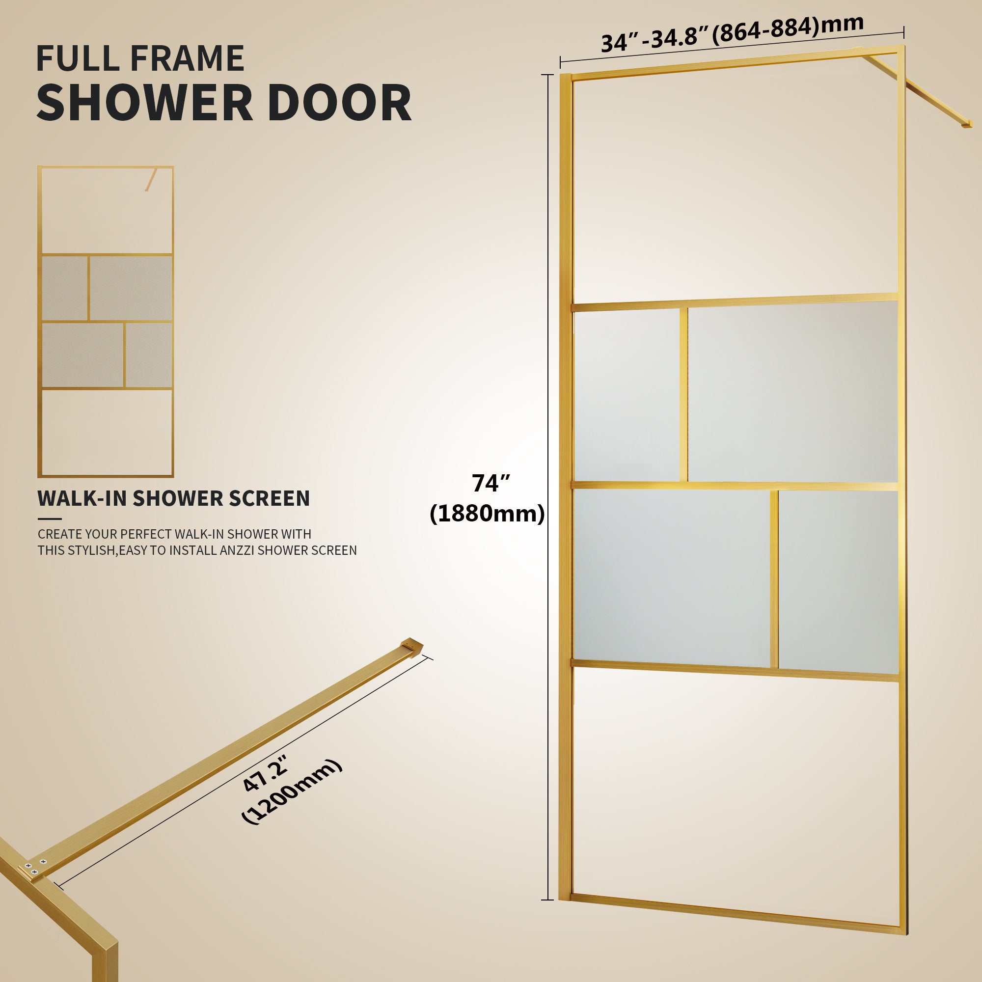 34" W x 74" H Walk-In Framed Fixed Shower Screen #Color_Brushed Gold