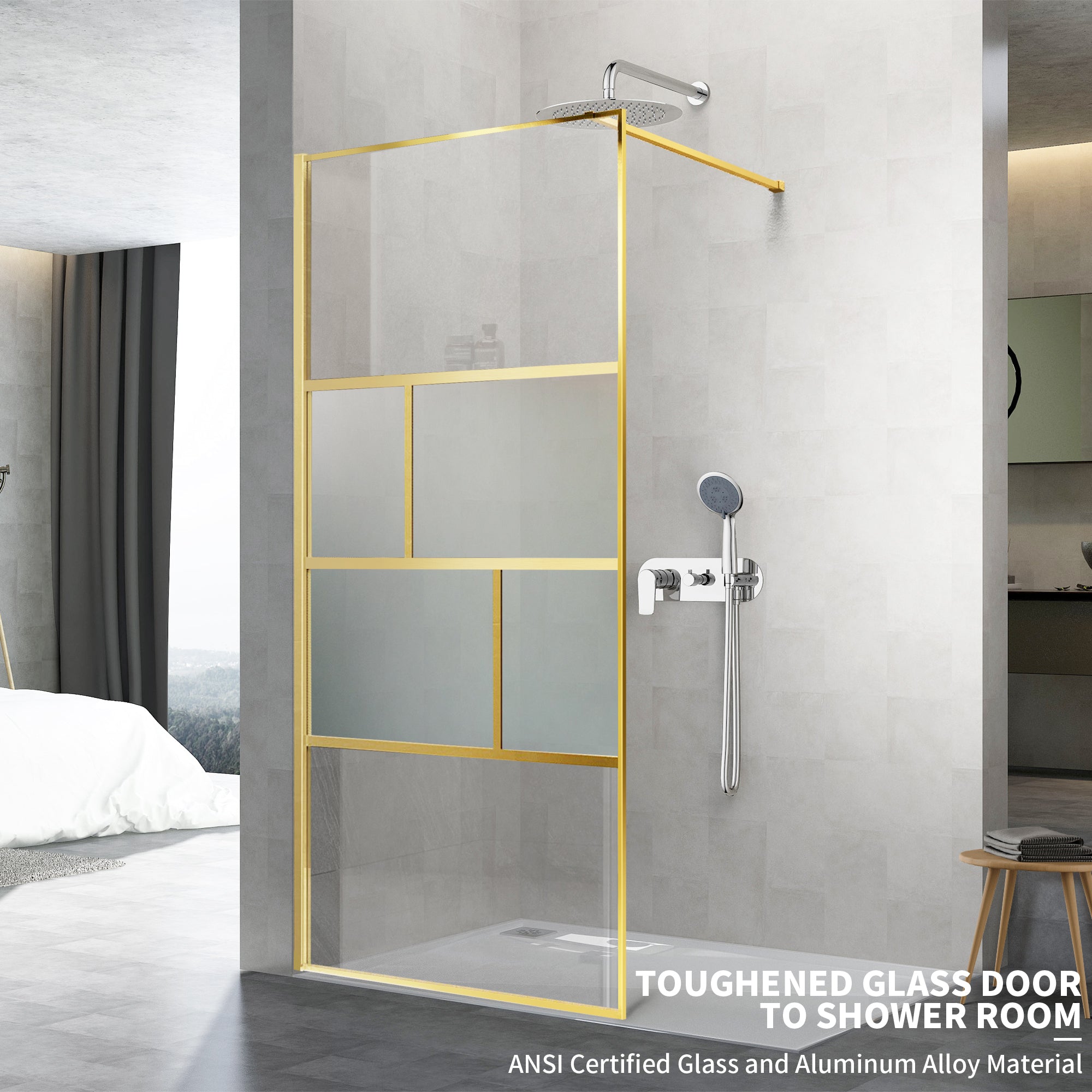 34" W x 74" H Walk-In Framed Fixed Shower Screen #Color_Brushed Gold
