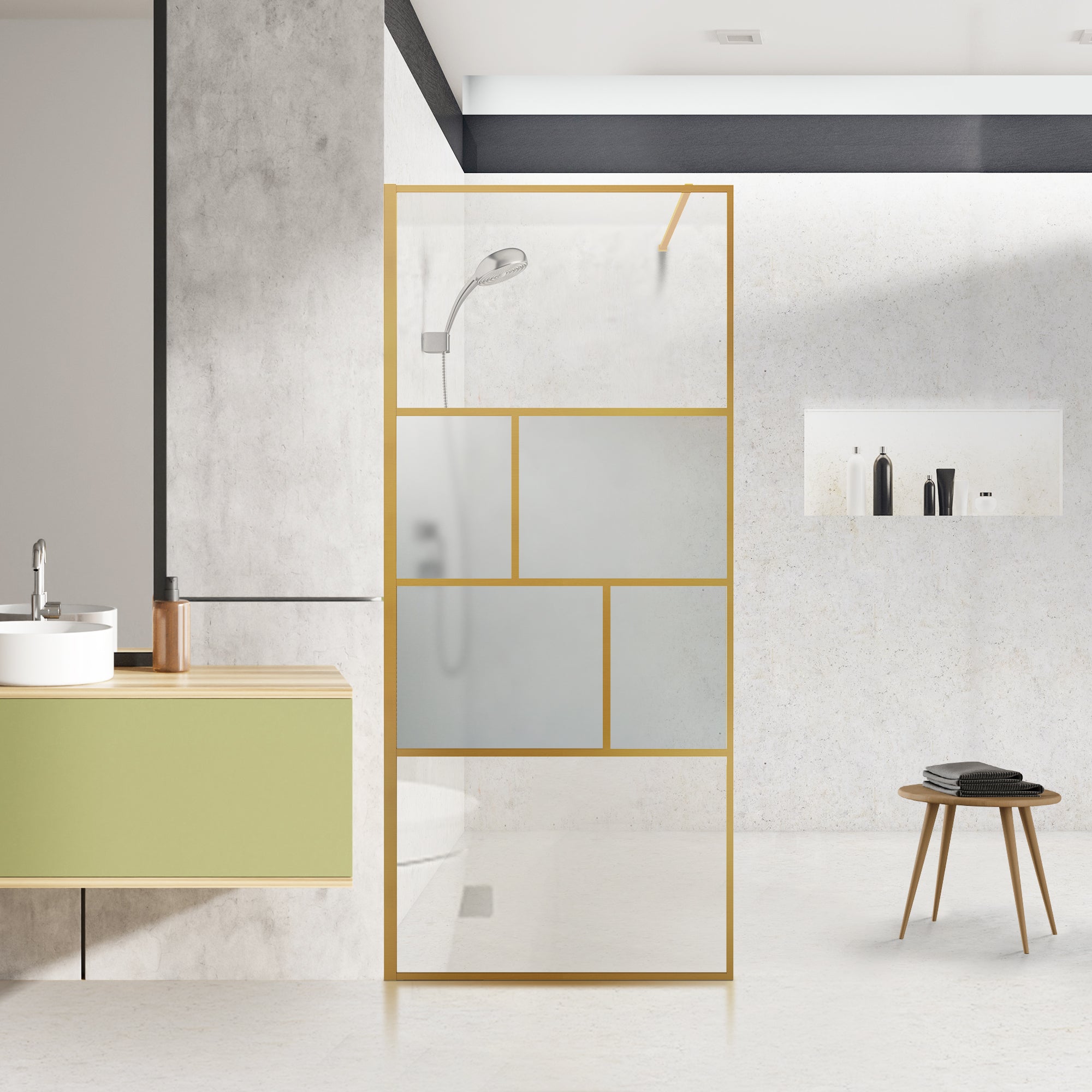 34" W x 74" H Walk-In Framed Fixed Shower Screen #Color_Brushed Gold