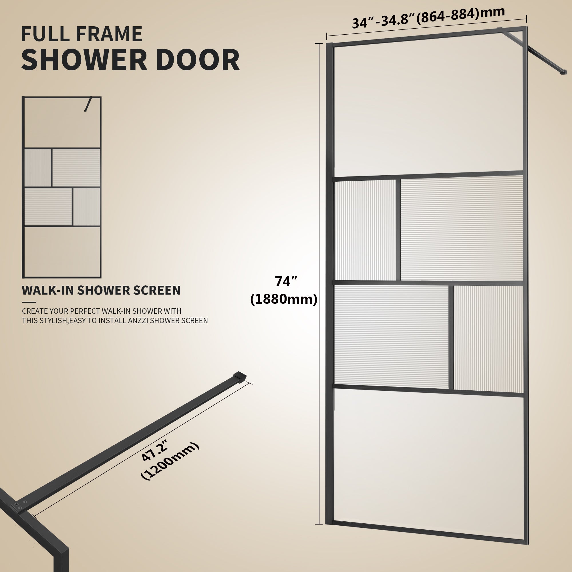 34" W x 74" H Walk-In Framed Fixed Shower Screen #Color_Matte Black