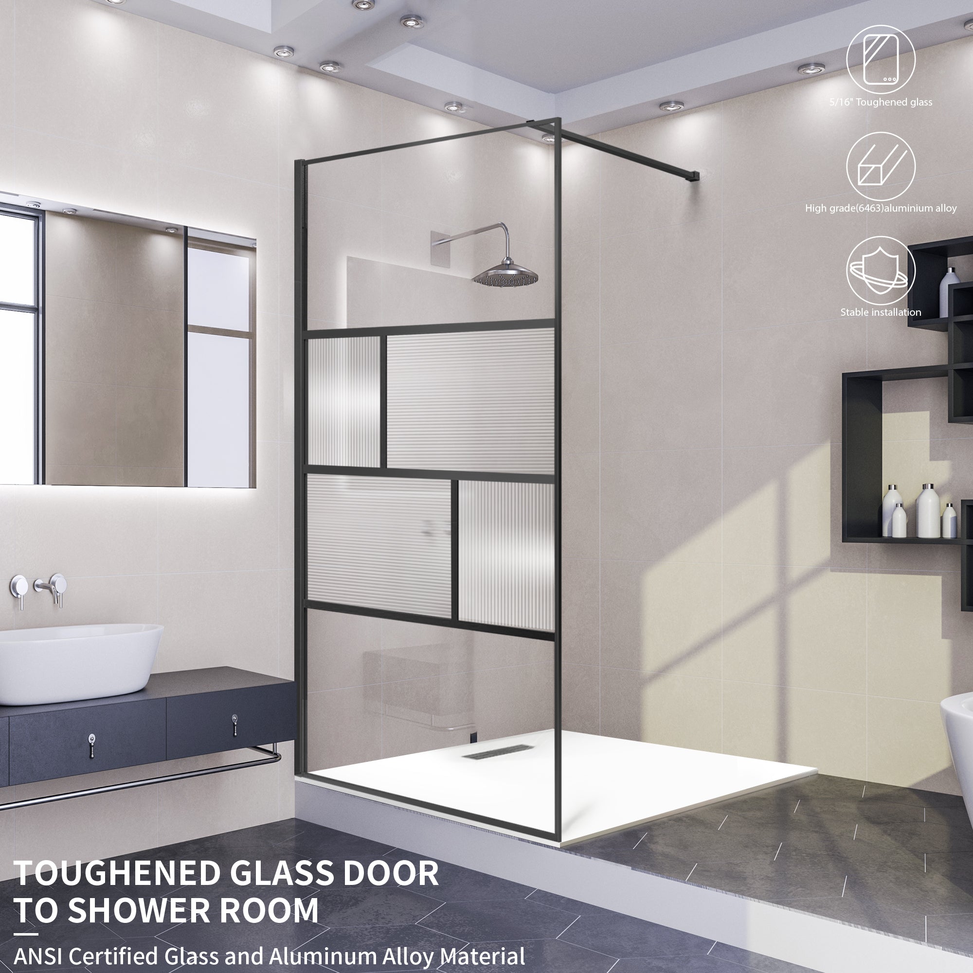 34" W x 74" H Walk-In Framed Fixed Shower Screen #Color_Matte Black