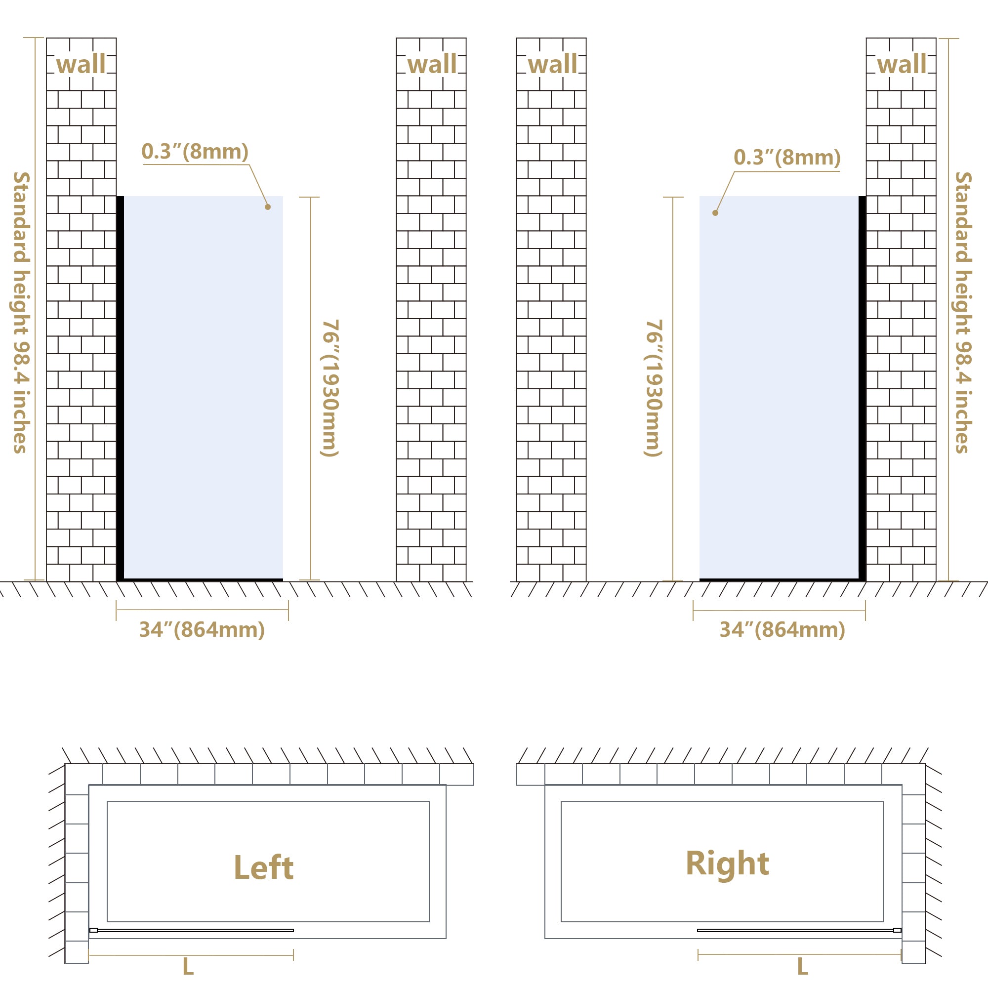 34" W x 74" H Walk-In Semi-Framed Fixed Shower Panel B13 X5