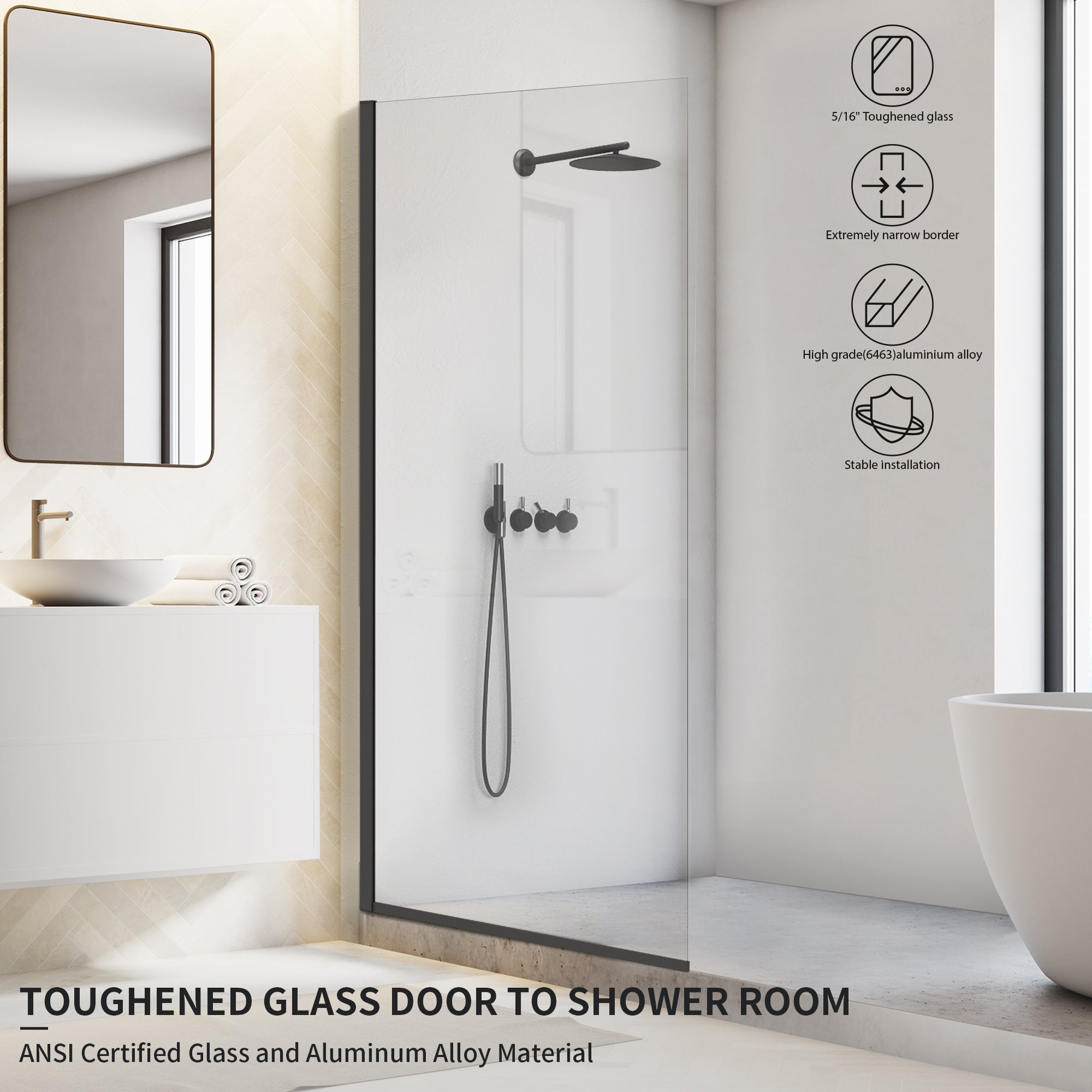 34" W x 74" H Walk-In Semi-Framed Fixed Shower Panel #Color_Matte Black