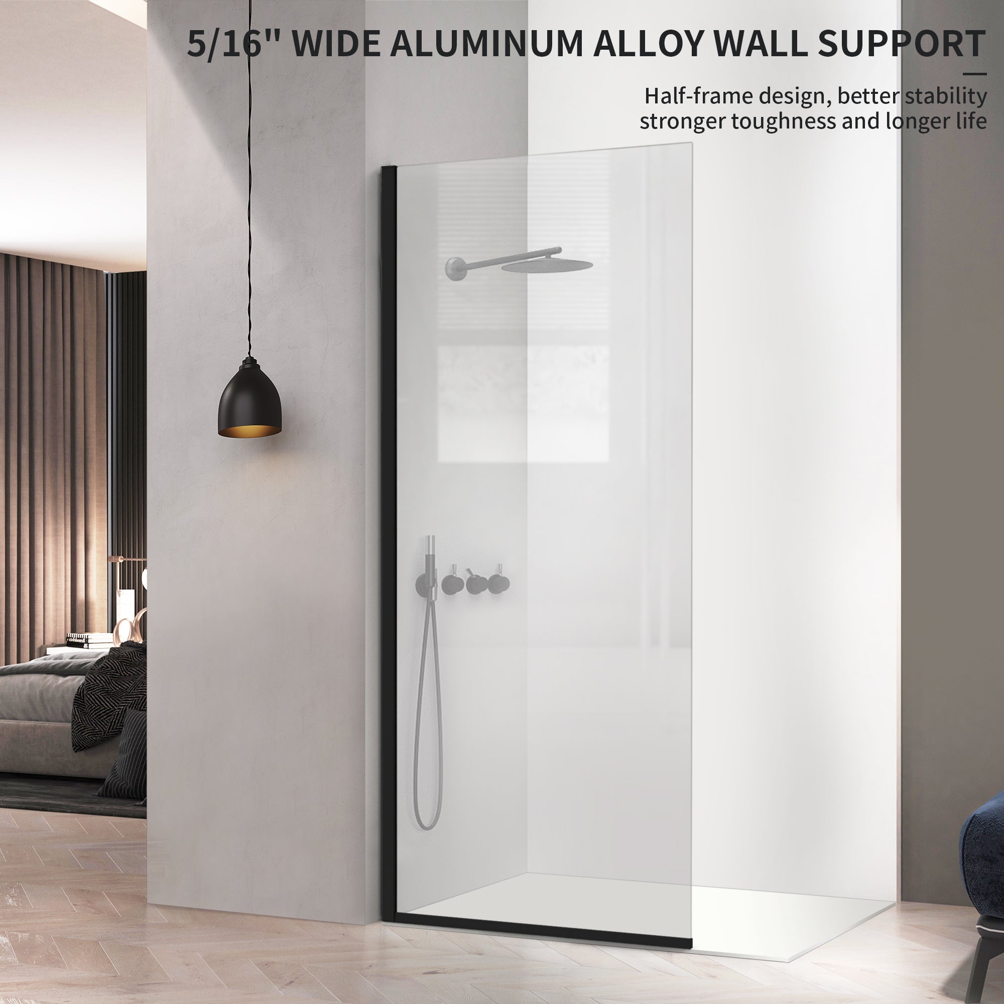 34" W x 74" H Walk-In Semi-Framed Fixed Shower Panel #Color_Matte Black