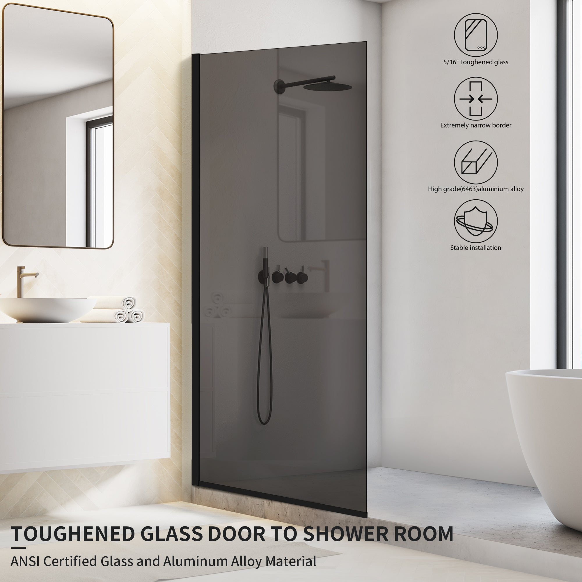 34" x 74" Semi-Framed Shower Screen with Clear Black Tempered Glass B14 #Color_Matte Black