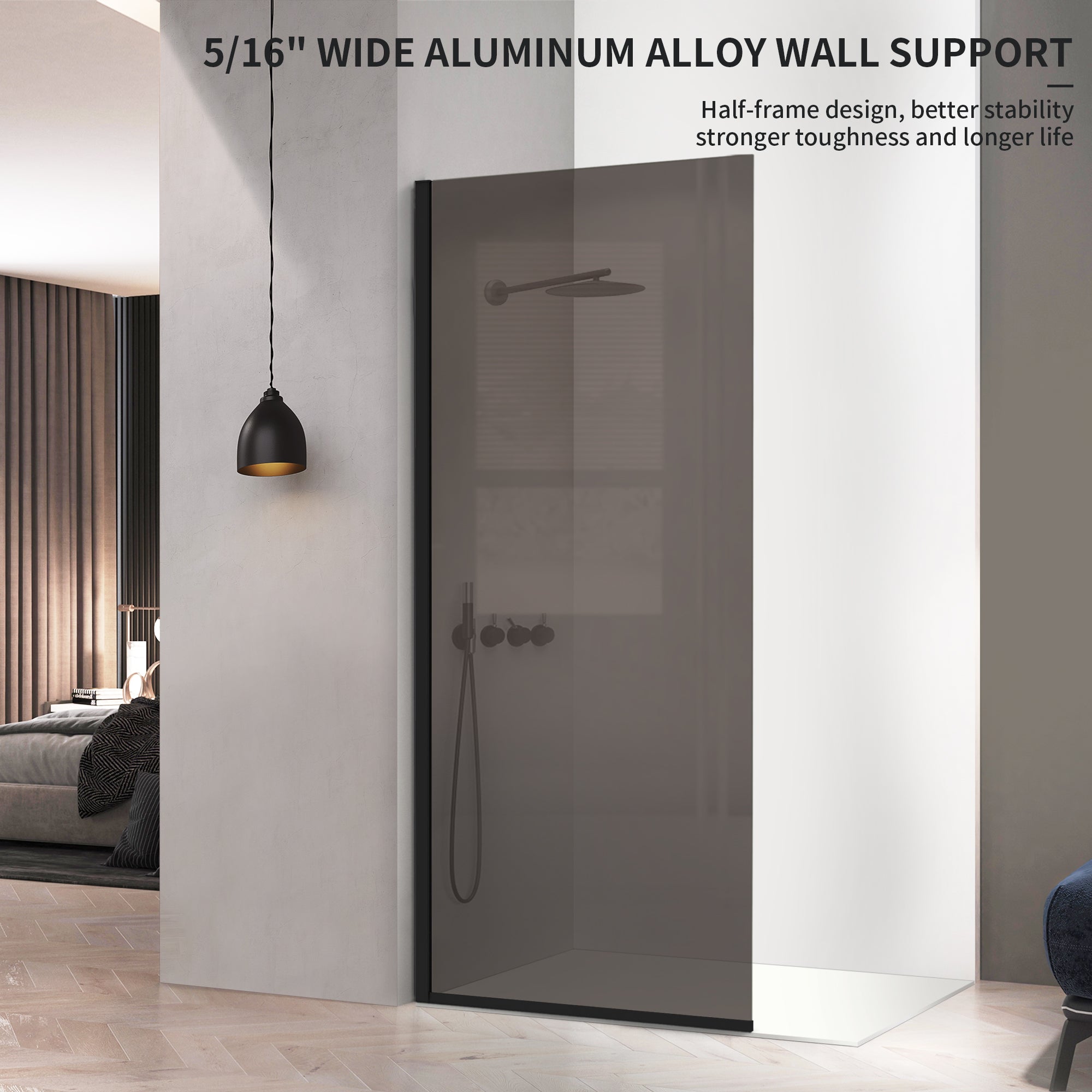 34" x 74" Semi-Framed Shower Screen with Clear Black Tempered Glass B14 #Color_Matte Black