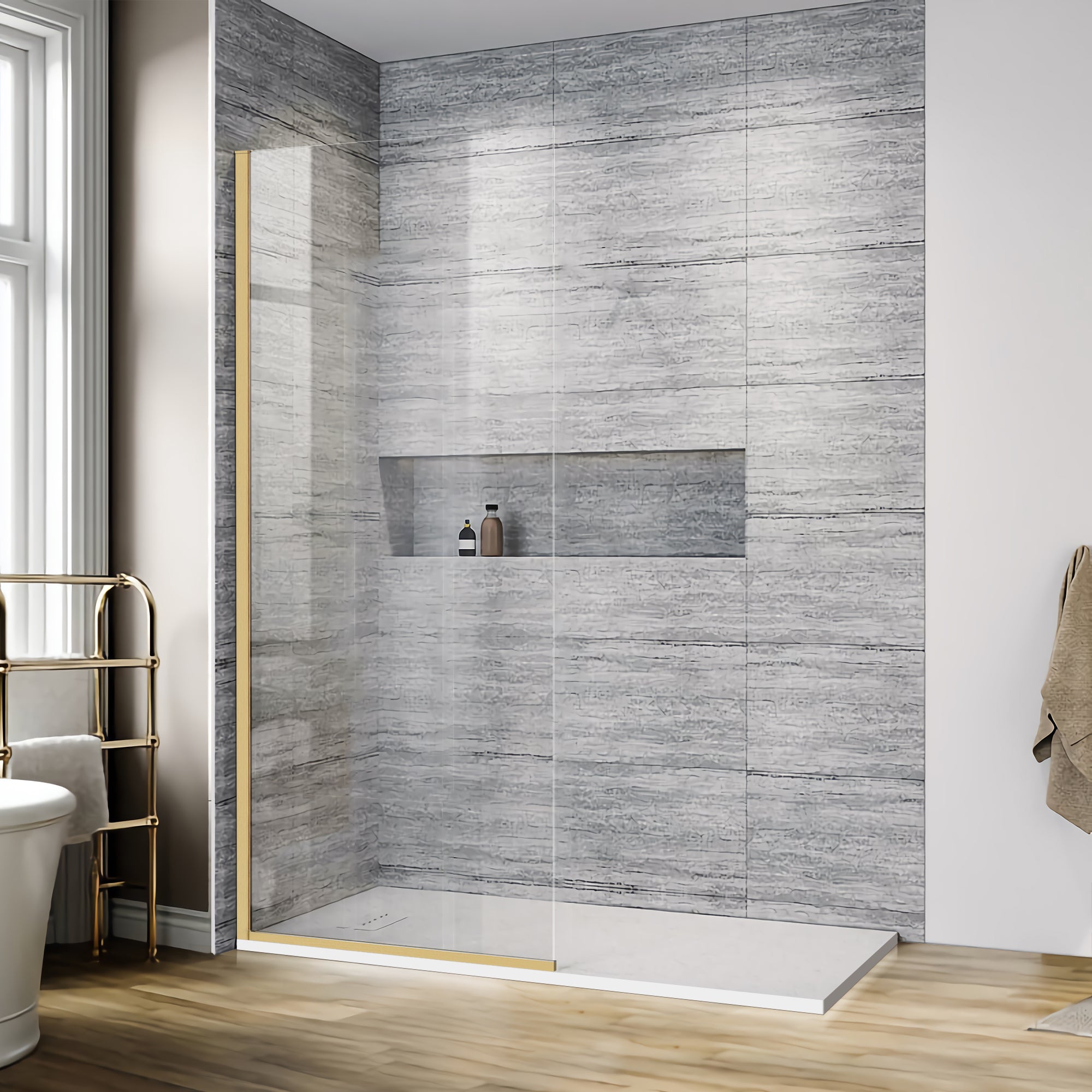34" W x 74" H Walk-In Semi-Framed Fixed Shower Panel X5 #Color_Brushed Gold