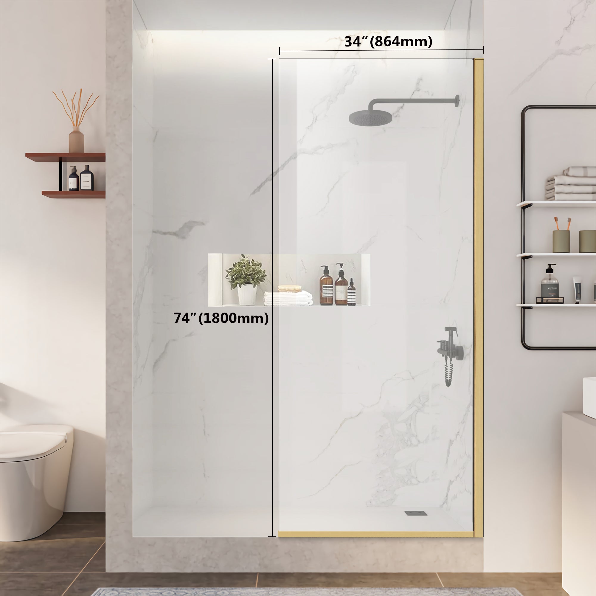 34" W x 74" H Walk-In Semi-Framed Fixed Shower Panel X5 #Color_Brushed Gold