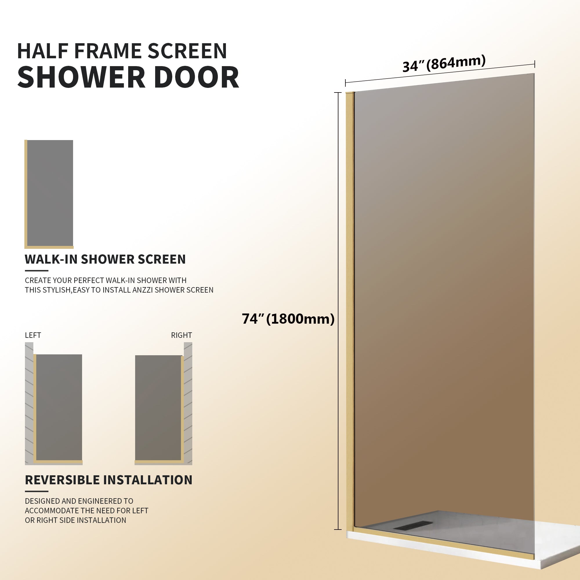 34" x 74" Semi-Framed Shower Screen with Clear Black Tempered Glass X6 #Color_Brushed Gold