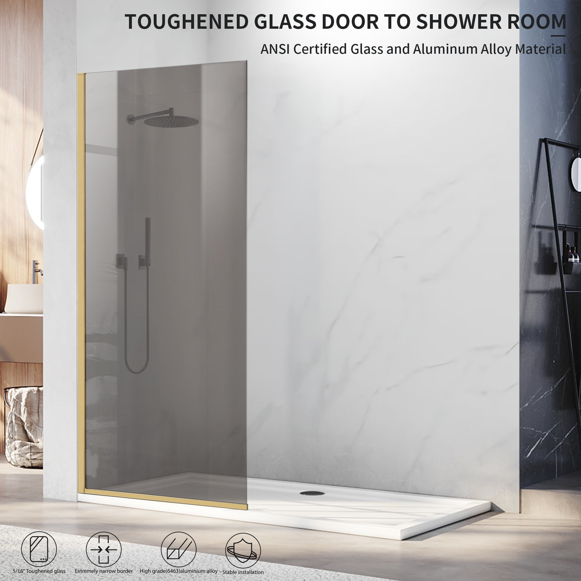 34" x 74" Semi-Framed Shower Screen with Clear Black Tempered Glass X6 #Color_Brushed Gold