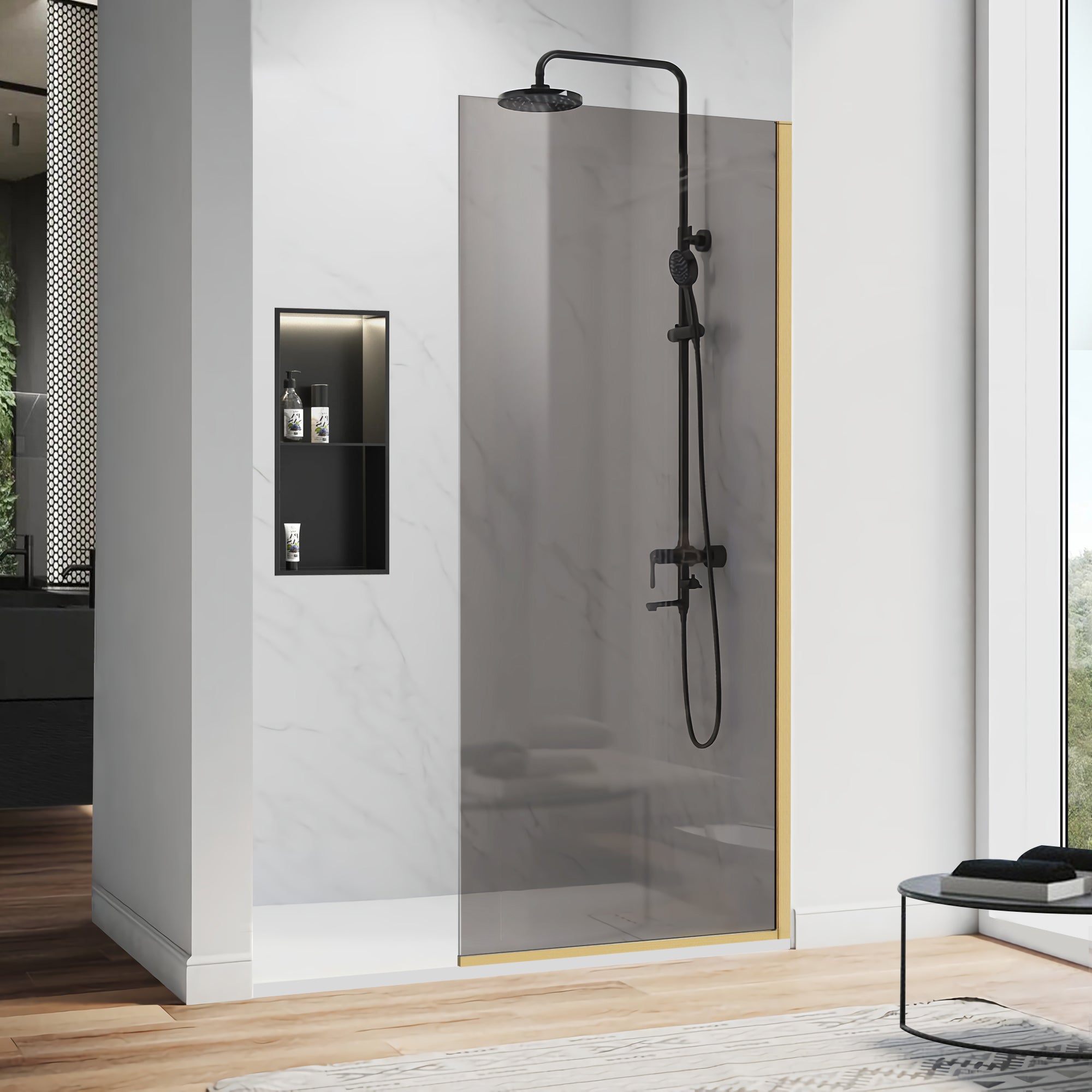 34" x 74" Semi-Framed Shower Screen with Clear Black Tempered Glass X6 #Color_Brushed Gold