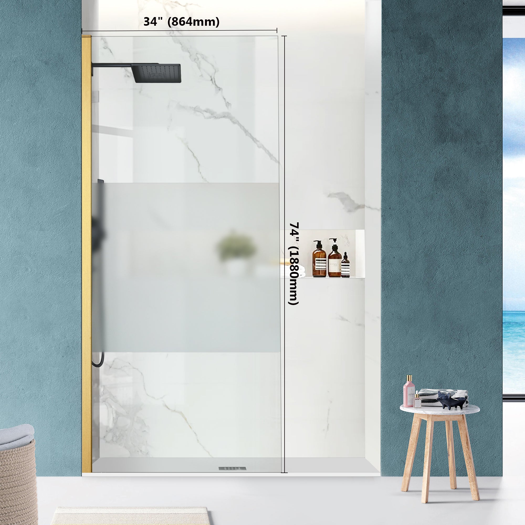 34" W x 74" H Walk-In Frameless Fixed Shower Screen with 5/16" (8 mm) Clear & Frosted Tempered Glass, Brushed Gold