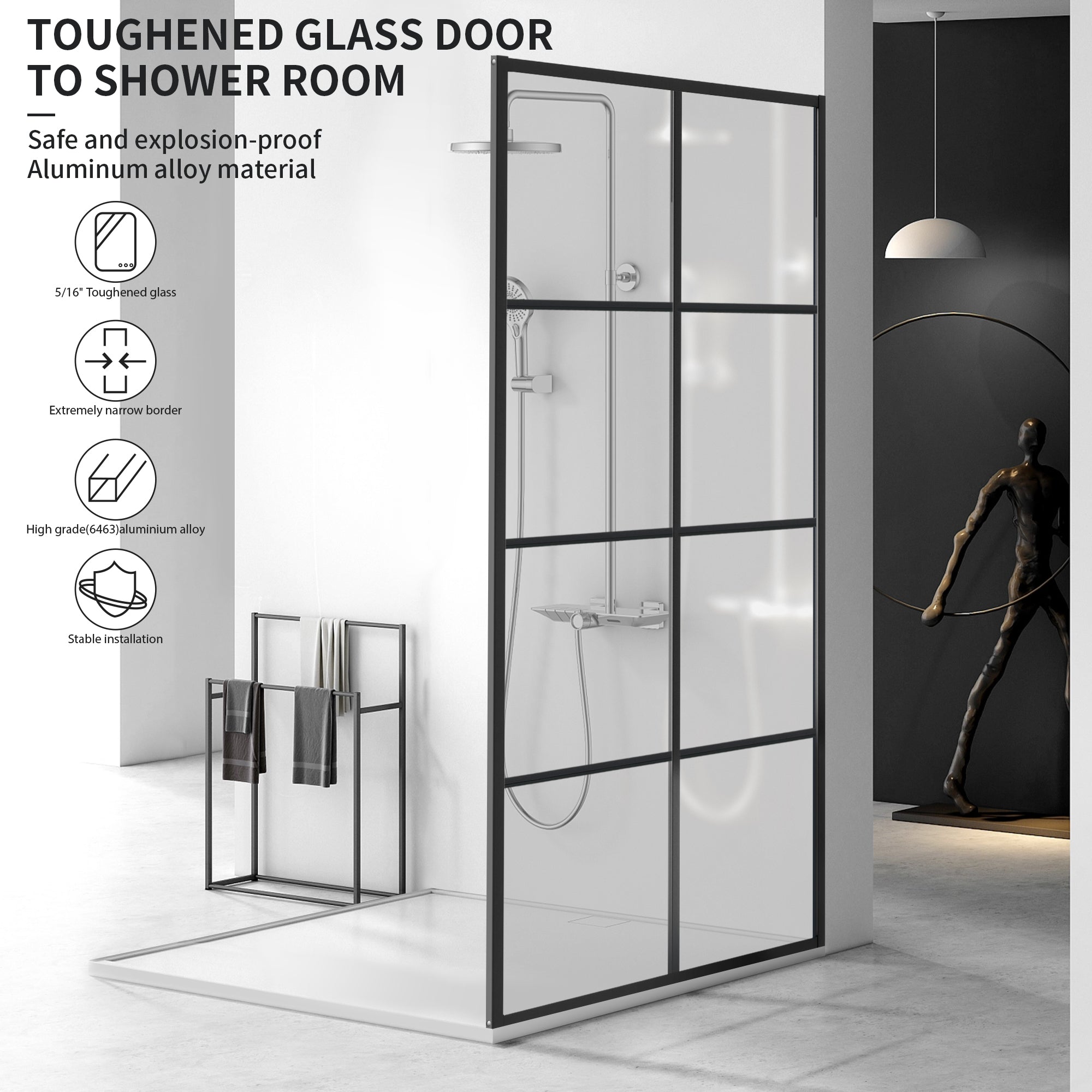 34" W x 76" H Walk-in Framed Fixed Shower Panel with 5/16" (8 mm) Clear Tempered Glass and Matte Black Grid Finish