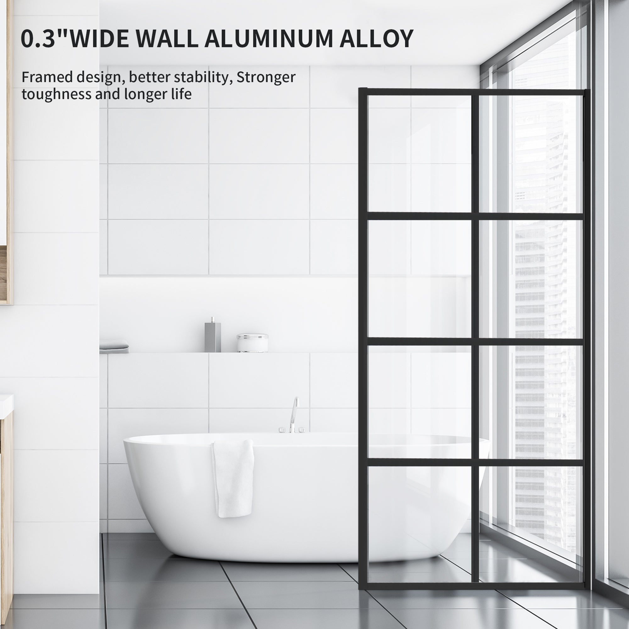 34" W x 76" H Walk-in Framed Fixed Shower Panel with 5/16" (8 mm) Clear Tempered Glass and Matte Black Grid Finish