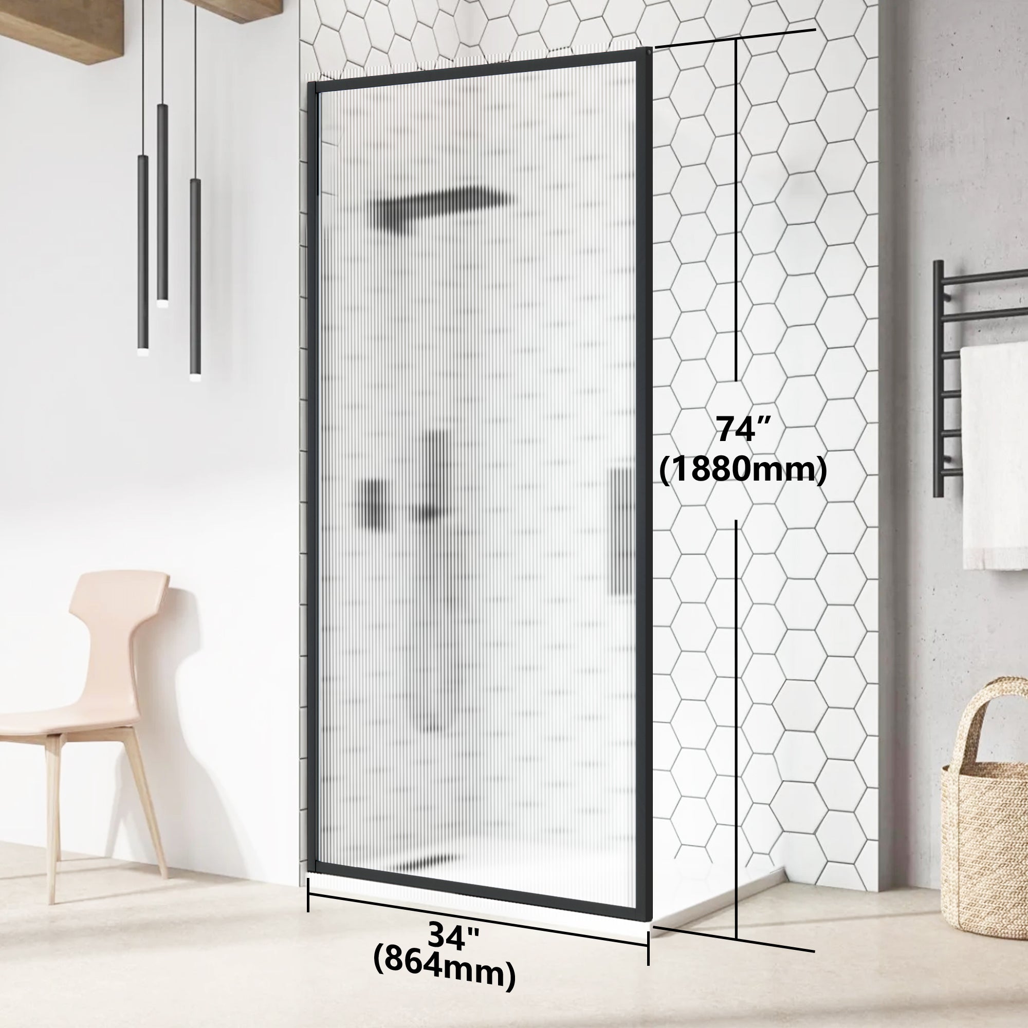 34" W x 74" H Walk-in Framed Fixed Shower Screen with 5/16" (8 mm) Fluted Tempered Glass, Matte Black