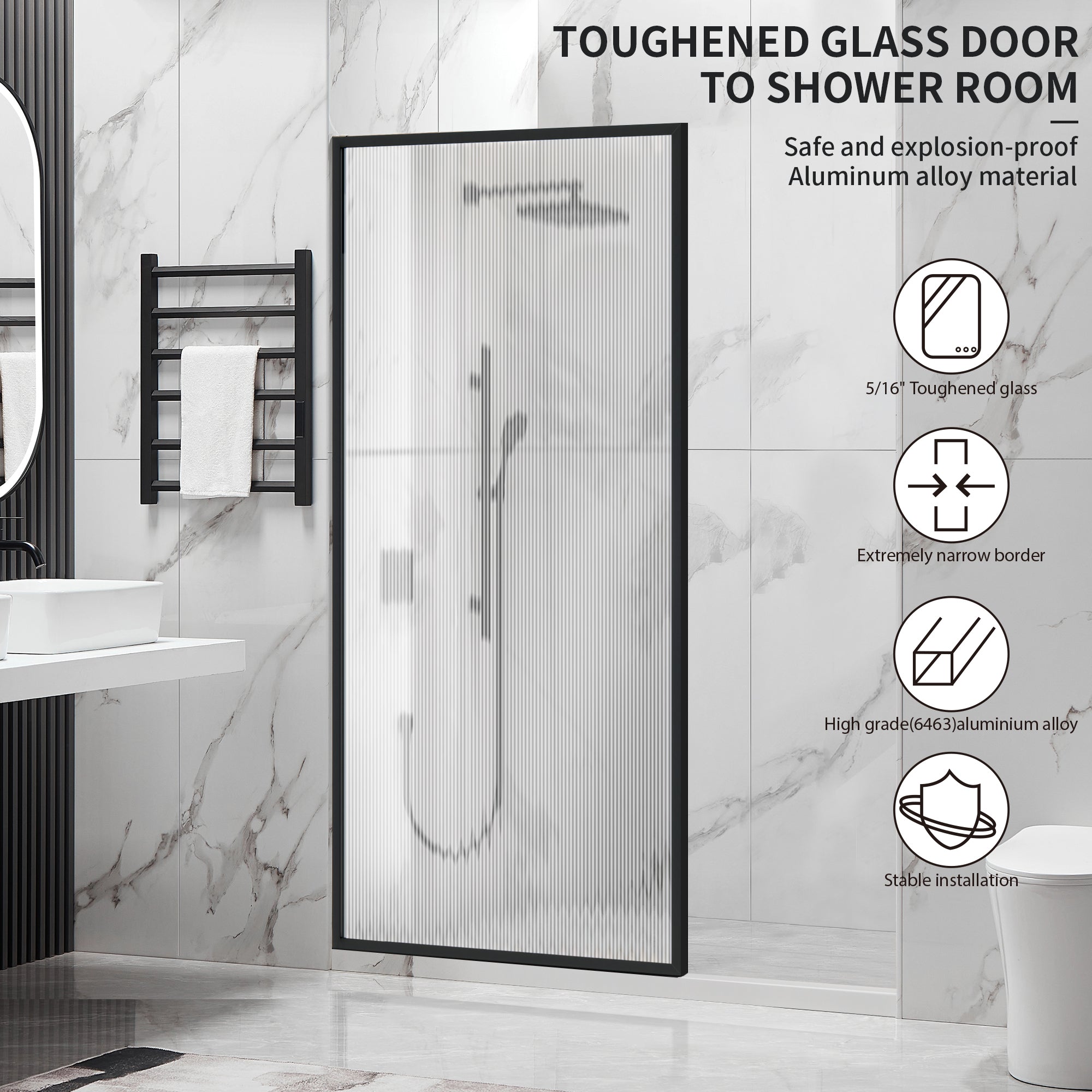 34" W x 74" H Walk-in Framed Fixed Shower Screen with 5/16" (8 mm) Fluted Tempered Glass, Matte Black