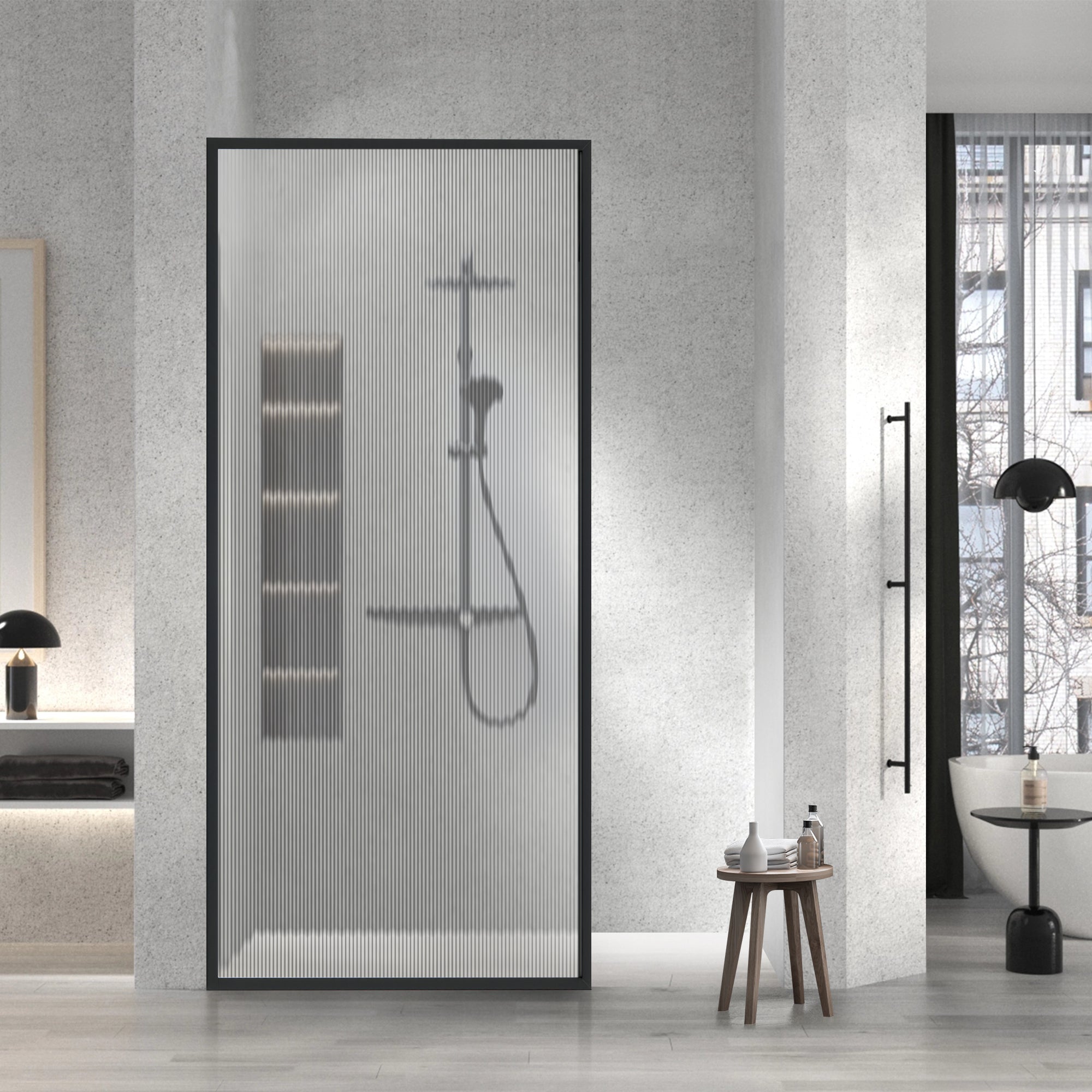 34" W x 74" H Walk-in Framed Fixed Shower Screen with 5/16" (8 mm) Fluted Tempered Glass, Matte Black