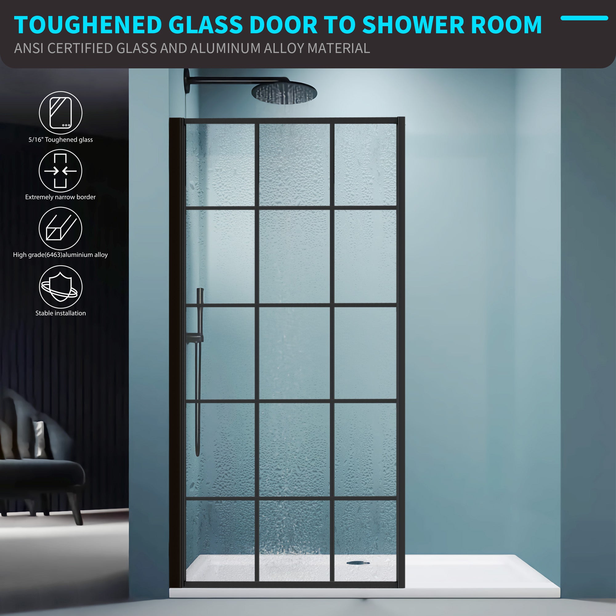 34" W x 74" H Walk-in Framed Grid Fixed Shower Panel with 5/16" (8 mm) Clear Tempered Glass, Matte Black